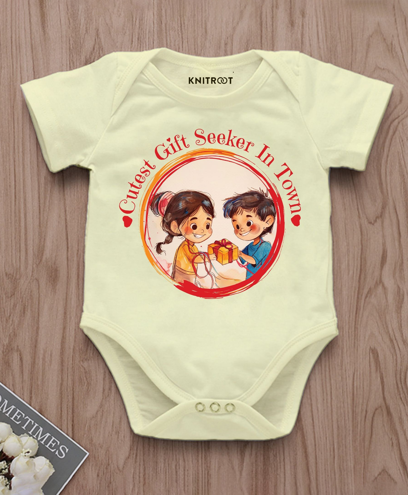 KNITROOT Cotton Lycra Knit Raksha Bandhan Theme Half Sleeves Cutest Gift Seeker In Town Text Printed Onesie - Yellow-image-44