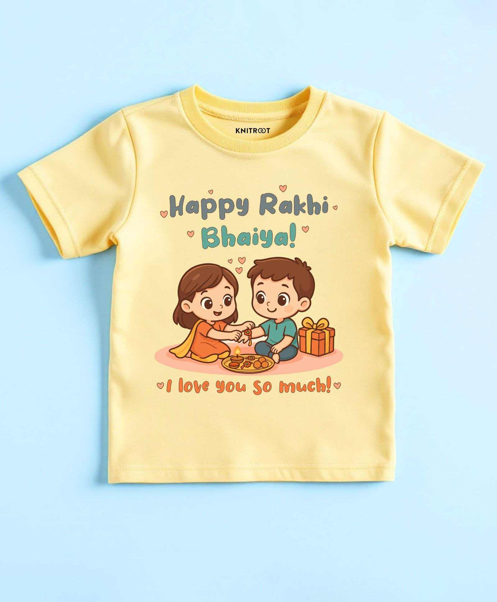 KNITROOT Cotton Lycra Knit Raksha Bandhan Theme Half Sleeves Happy Rakhi Bhaiya I Love You So Much Text Printed Tee - Yellow-image-8