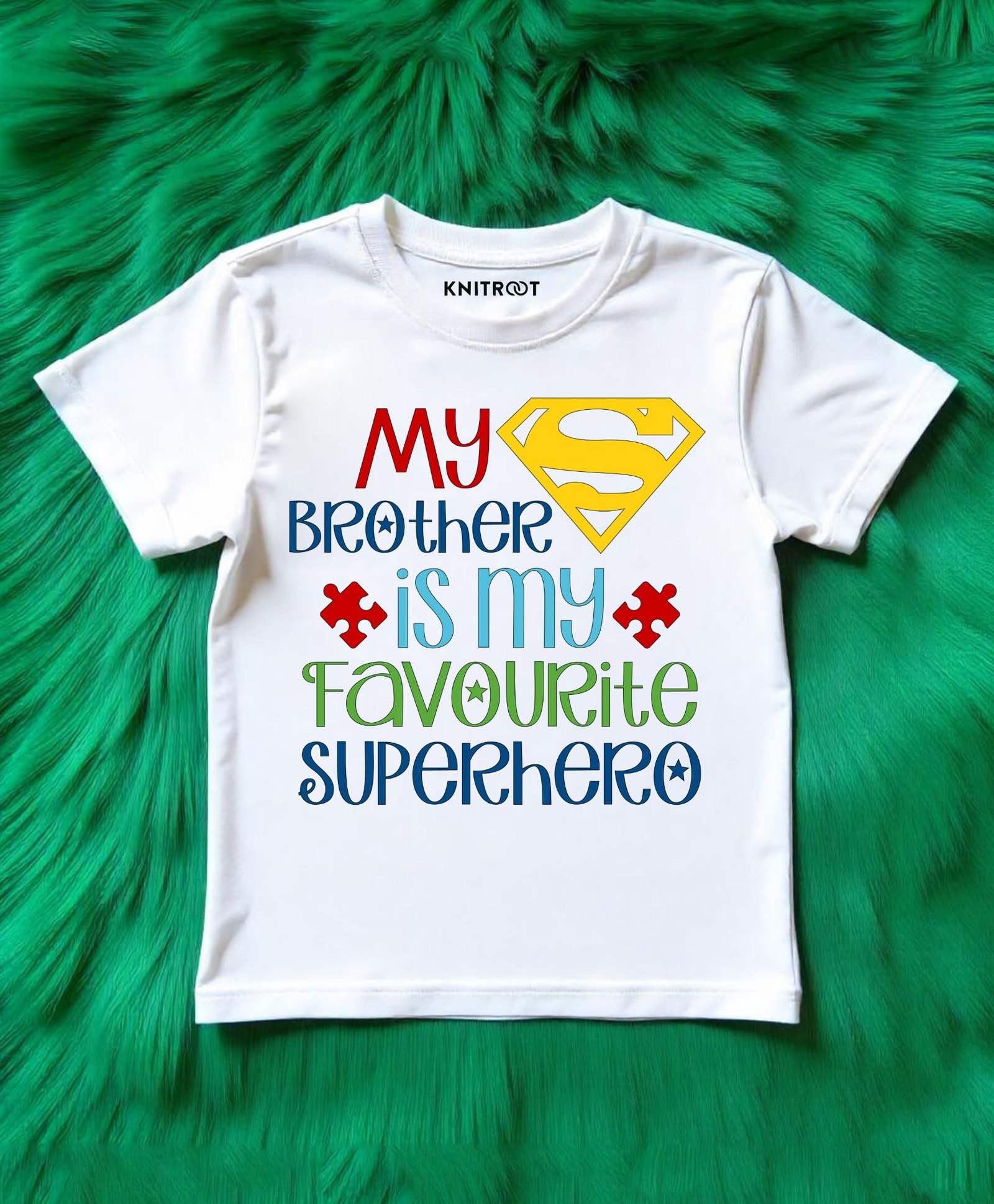 KNITROOT Cotton Knit Raksha Bandhan Theme Half Sleeves My Brother Is My Favourite Superhero Text Printed Tee - White-picture-11