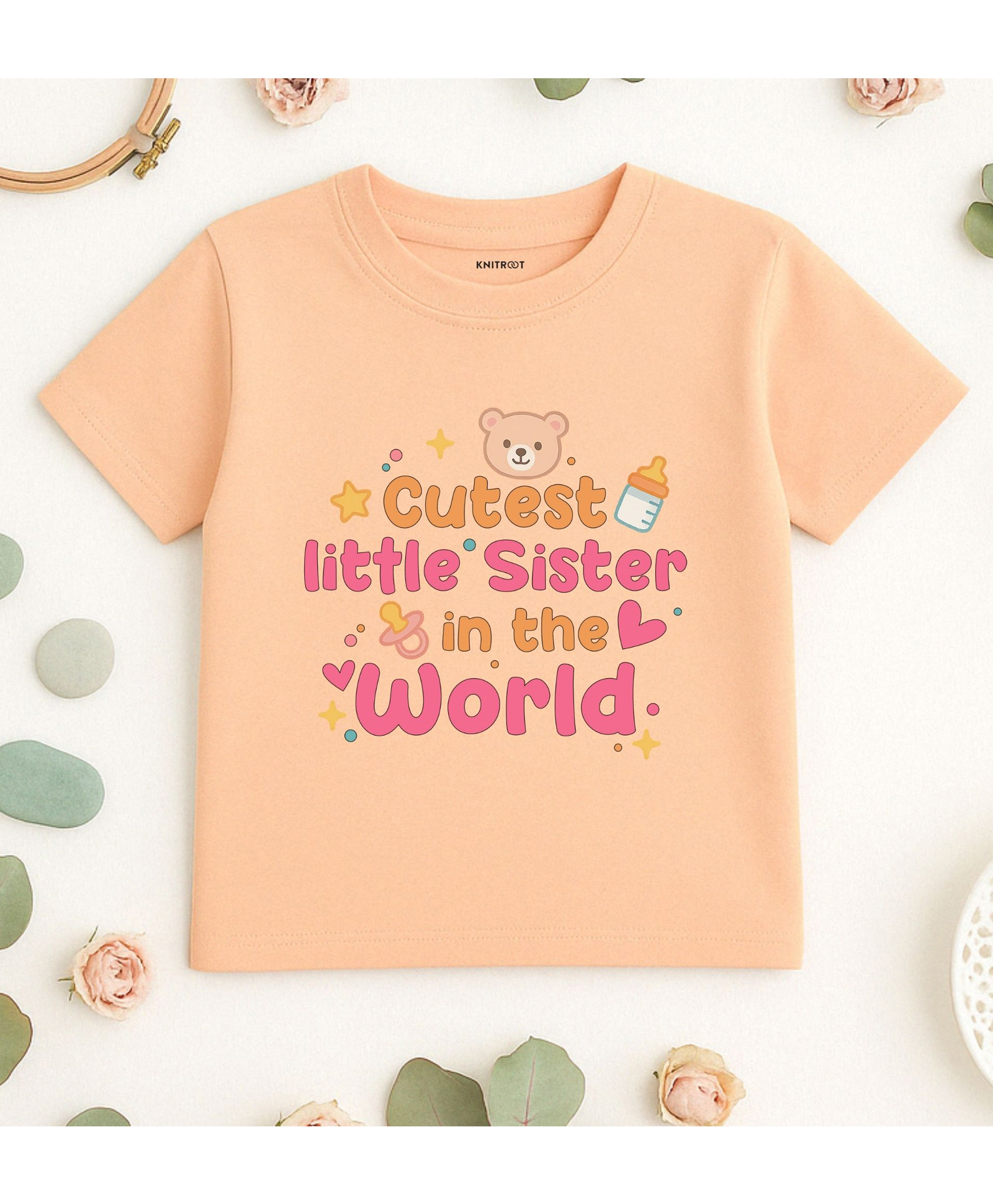 KNITROOT Cotton Lycra Knit Raksha Bandhan Theme Half Sleeves Cutest Little Sister In The World Text Printed Tee - Peach-image-13