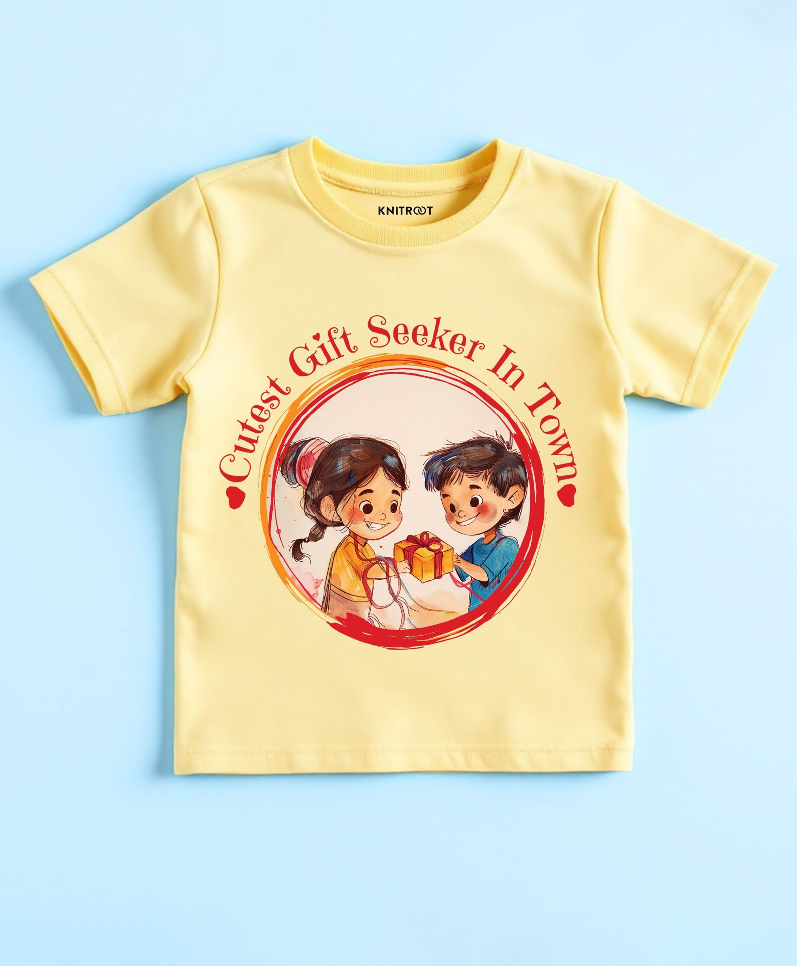 KNITROOT Cotton Lycra Knit Raksha Bandhan Theme Half Sleeves Cutest Gift Taker In Town Text Printed Tee - Yellow-image-21