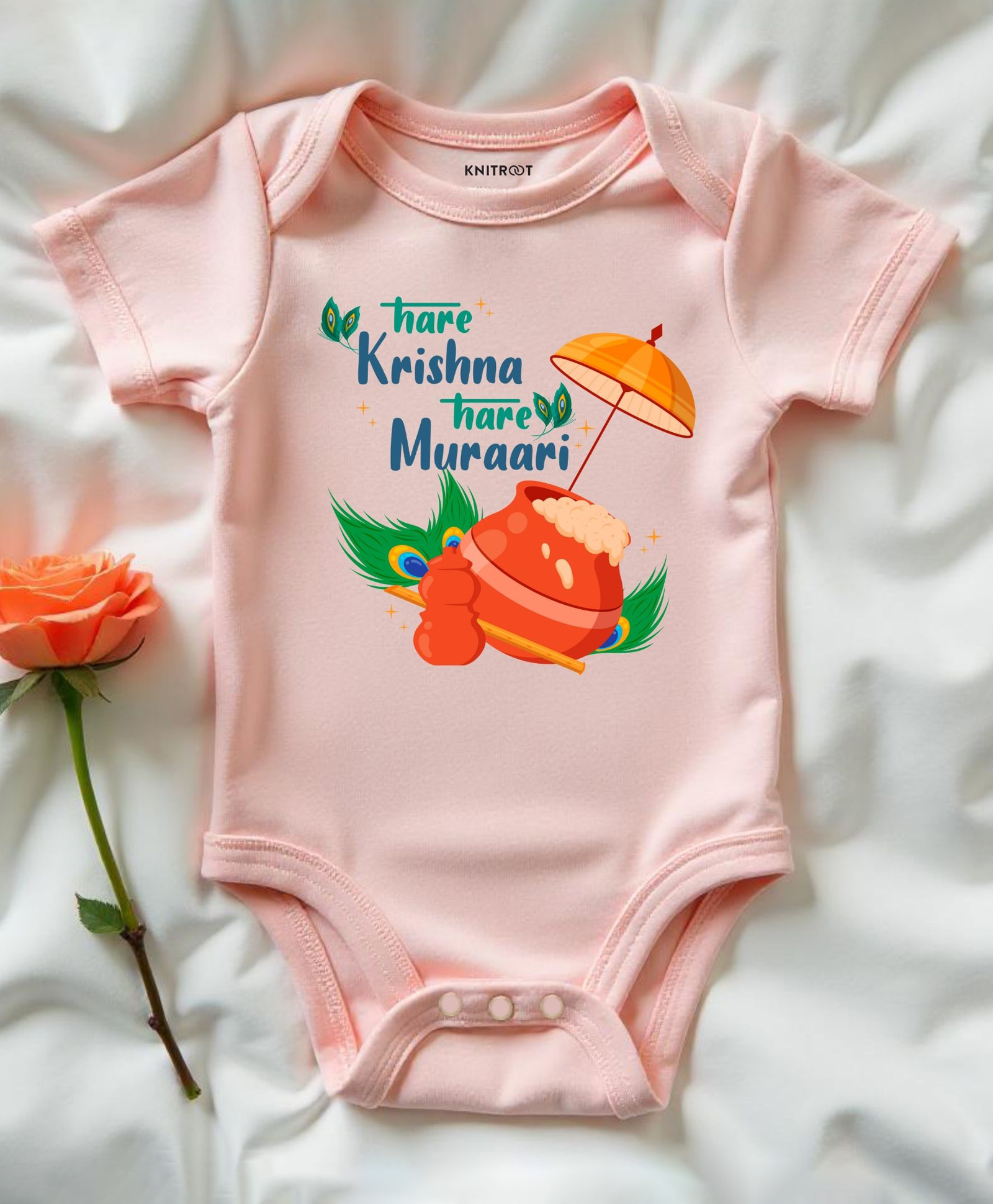 KNITROOT Cotton Lycra Knit Janmashtami Theme Half Sleeves Hare Krishna Hare Muraari Text Printed Onesie - Peach-picture-17