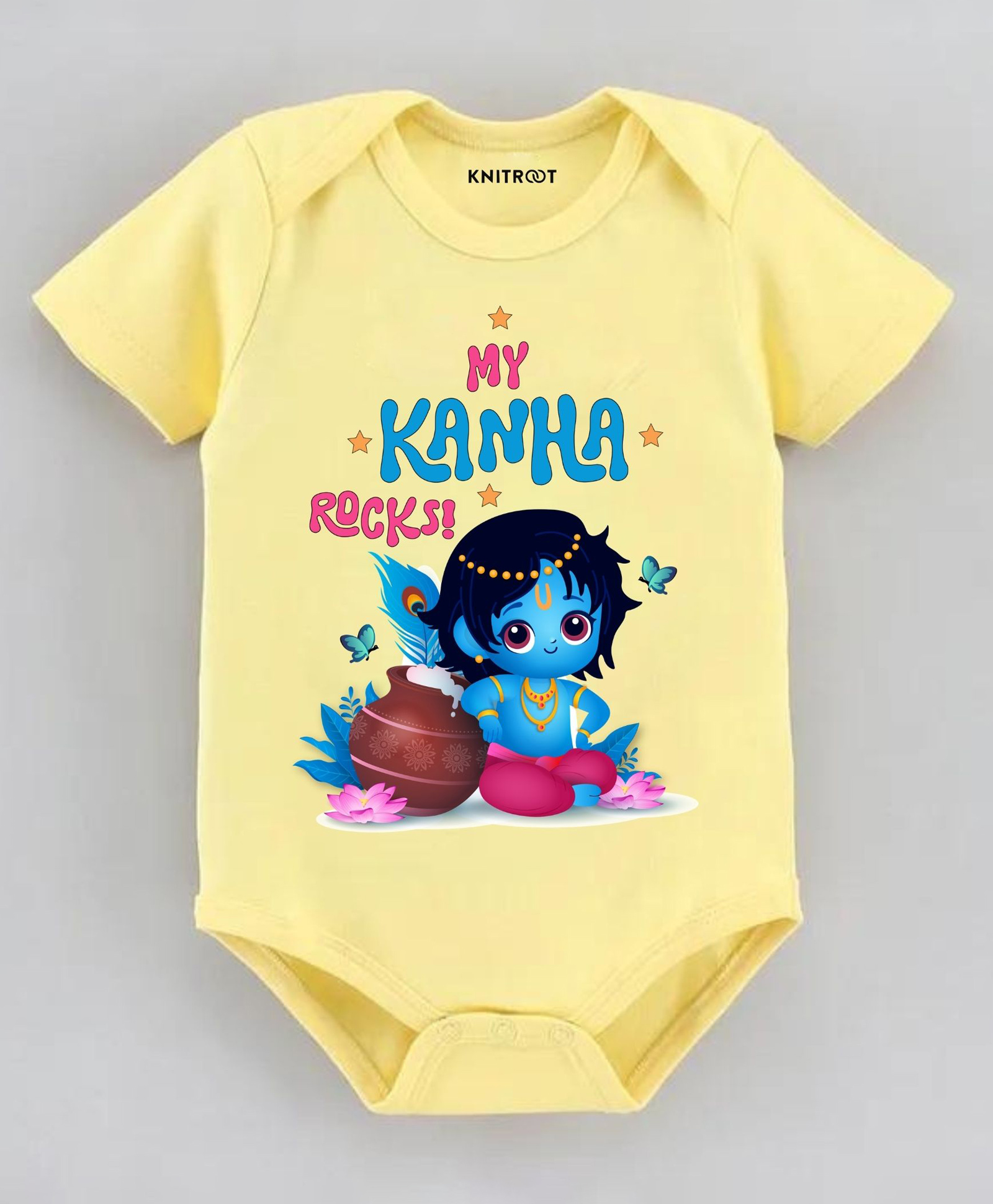 KNITROOT Cotton Lycra Knit Janmashtami Theme Half Sleeves My Kanha Rocks Text Printed Onesie - Yellow-image-15