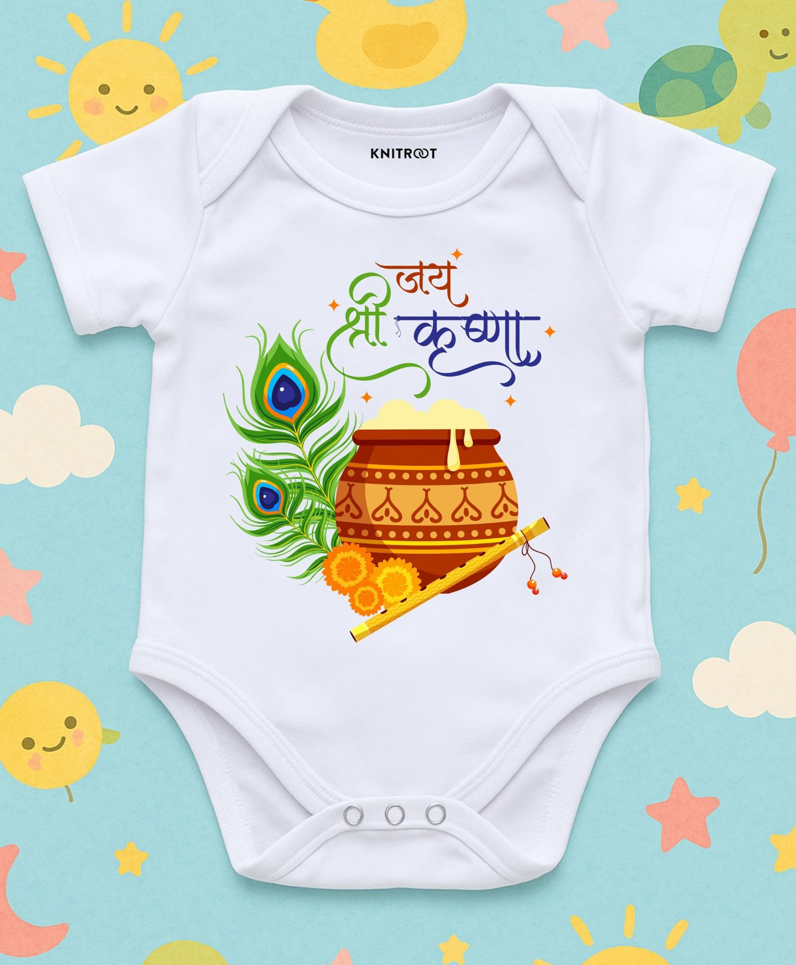 KNITROOT Cotton Lycra Knit Janmashtami Theme Half Sleeves Jai Shree Krishna Text Printed Onesie - White-picture-16