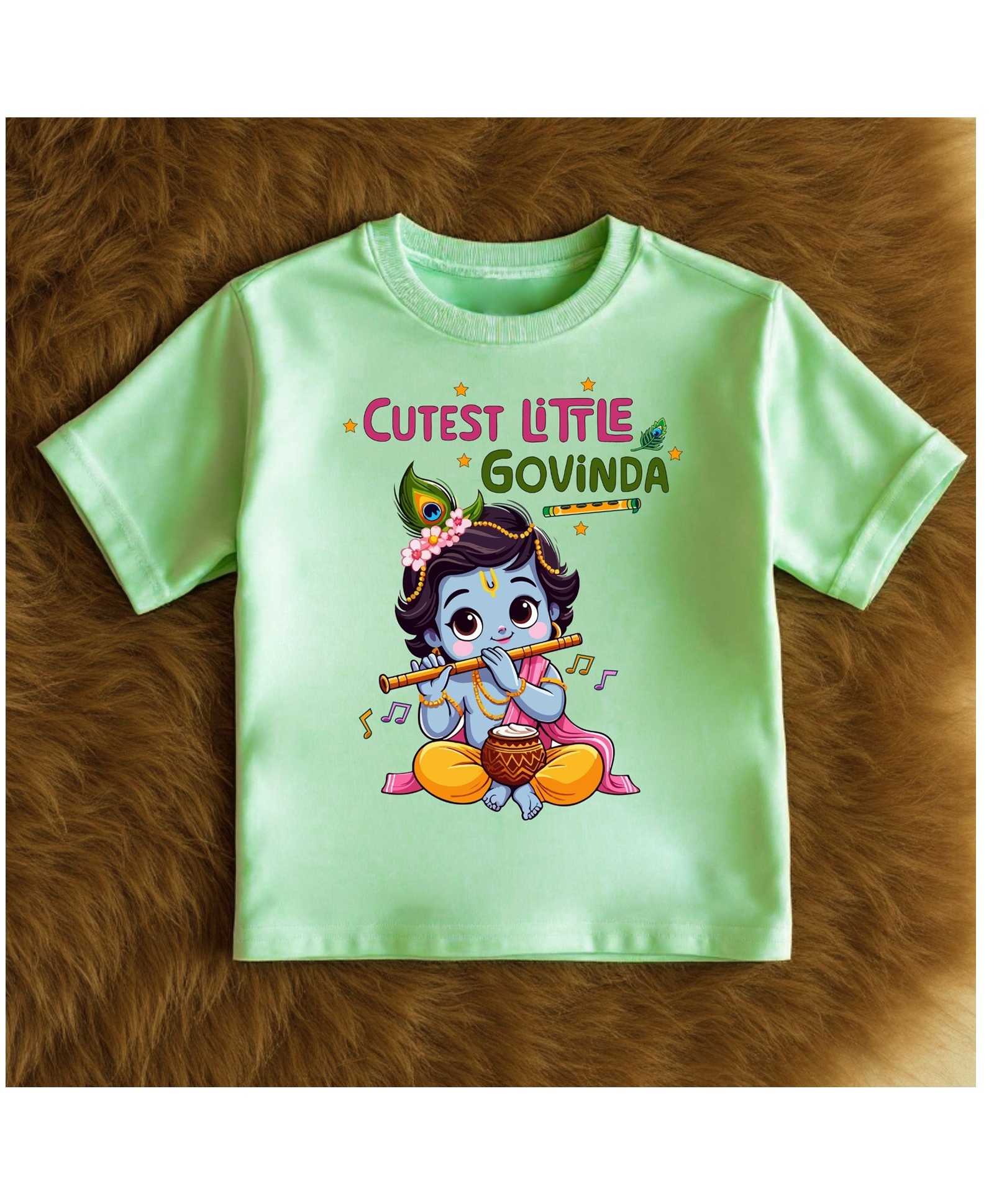 KNITROOT Cotton Lycra Knit Janmasthami Theme Half Sleeves Cutest Little Govinda Text Printed Tee - Green-image-10