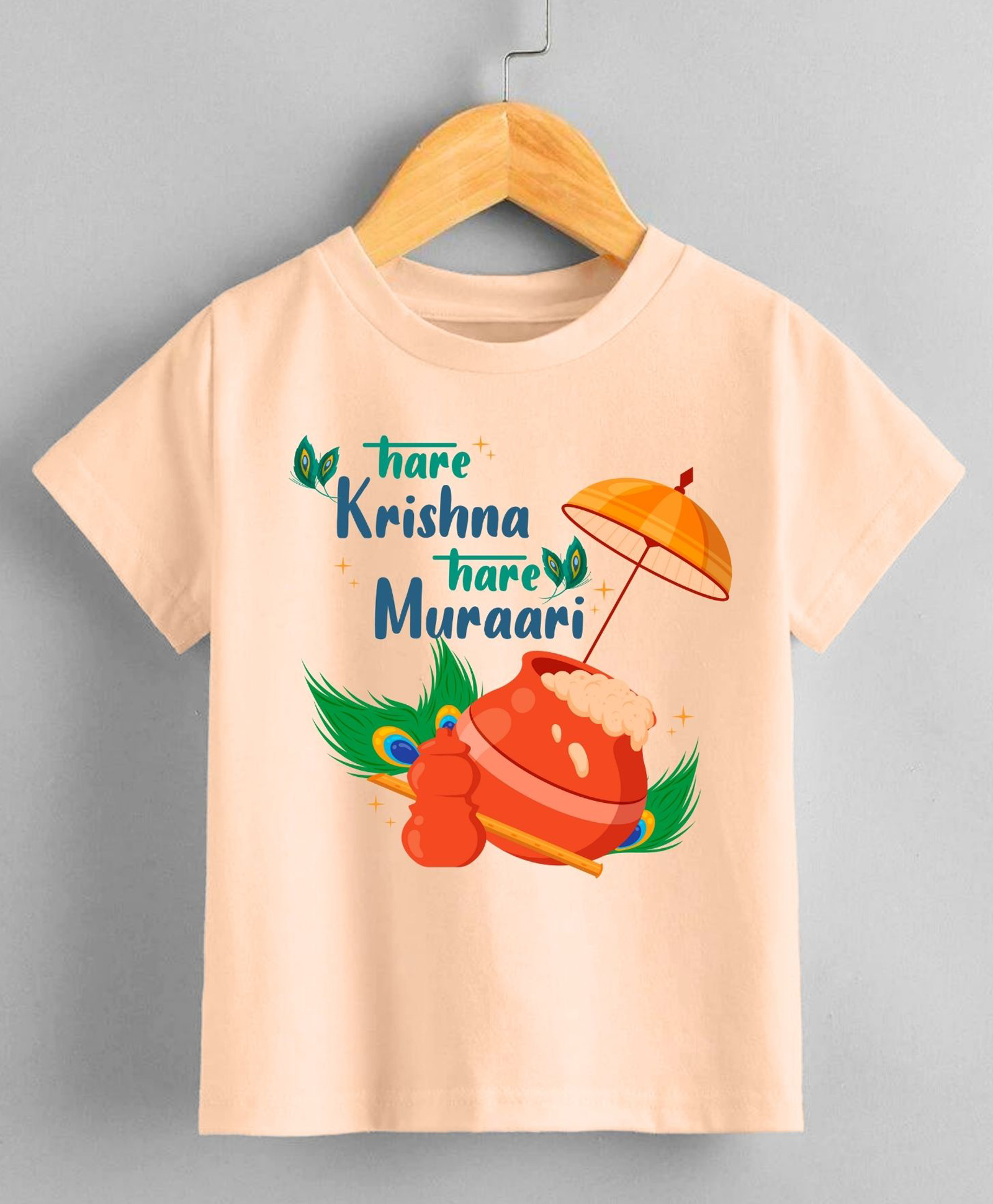 KNITROOT Cotton Lycra Knit Janmasthami Theme Half Sleeves Hare Krishna Hare Murari Text Printed Tee - Peach-image-38