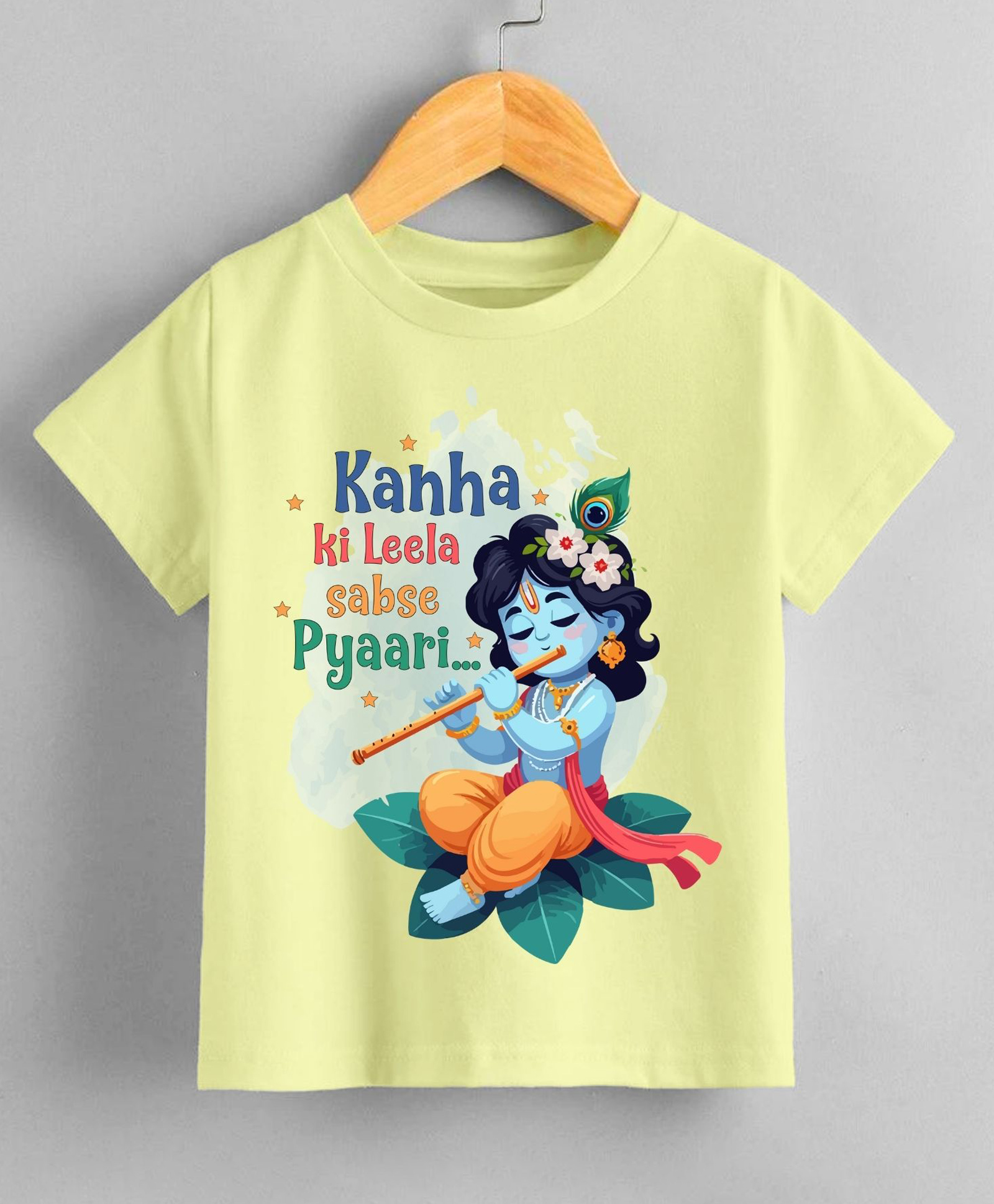 KNITROOT Cotton Lycra Knit Janmasthami Theme Half Sleeves Kanha Ki Leela Sabse Pyaari Text Printed Tee - Yellow-image-45