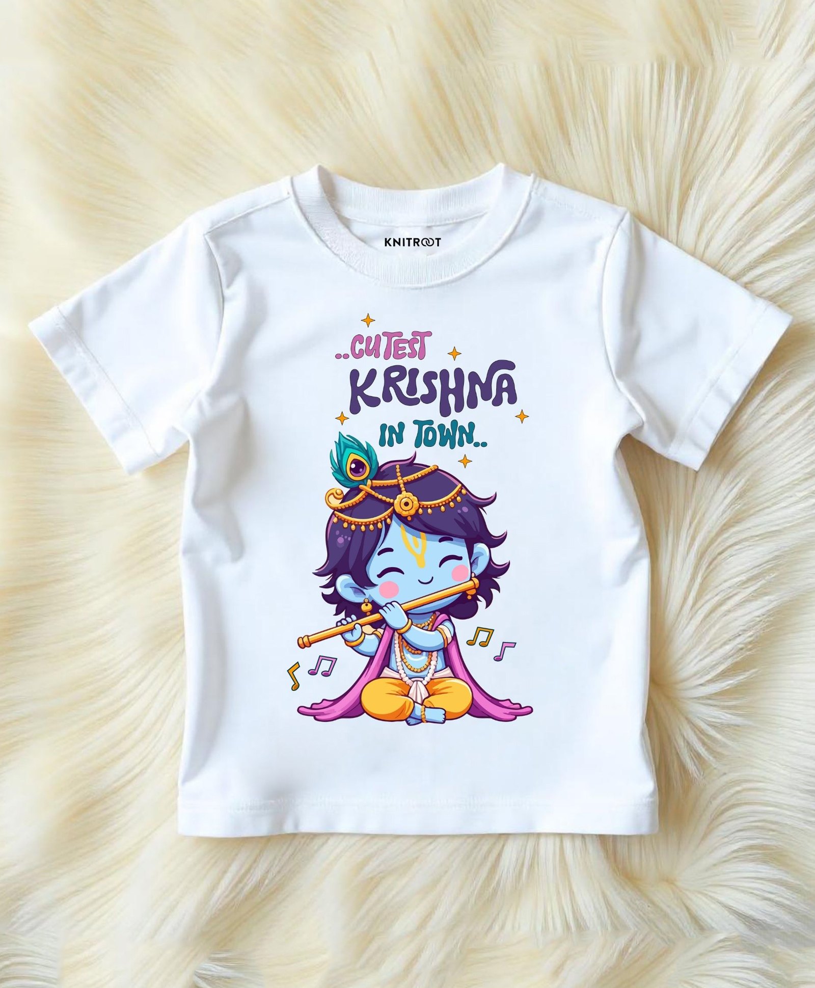 KNITROOT Cotton Knit Janmashtami Theme Half Sleeves Cutest Krishna In Town Text Printed Tee - White-image-8