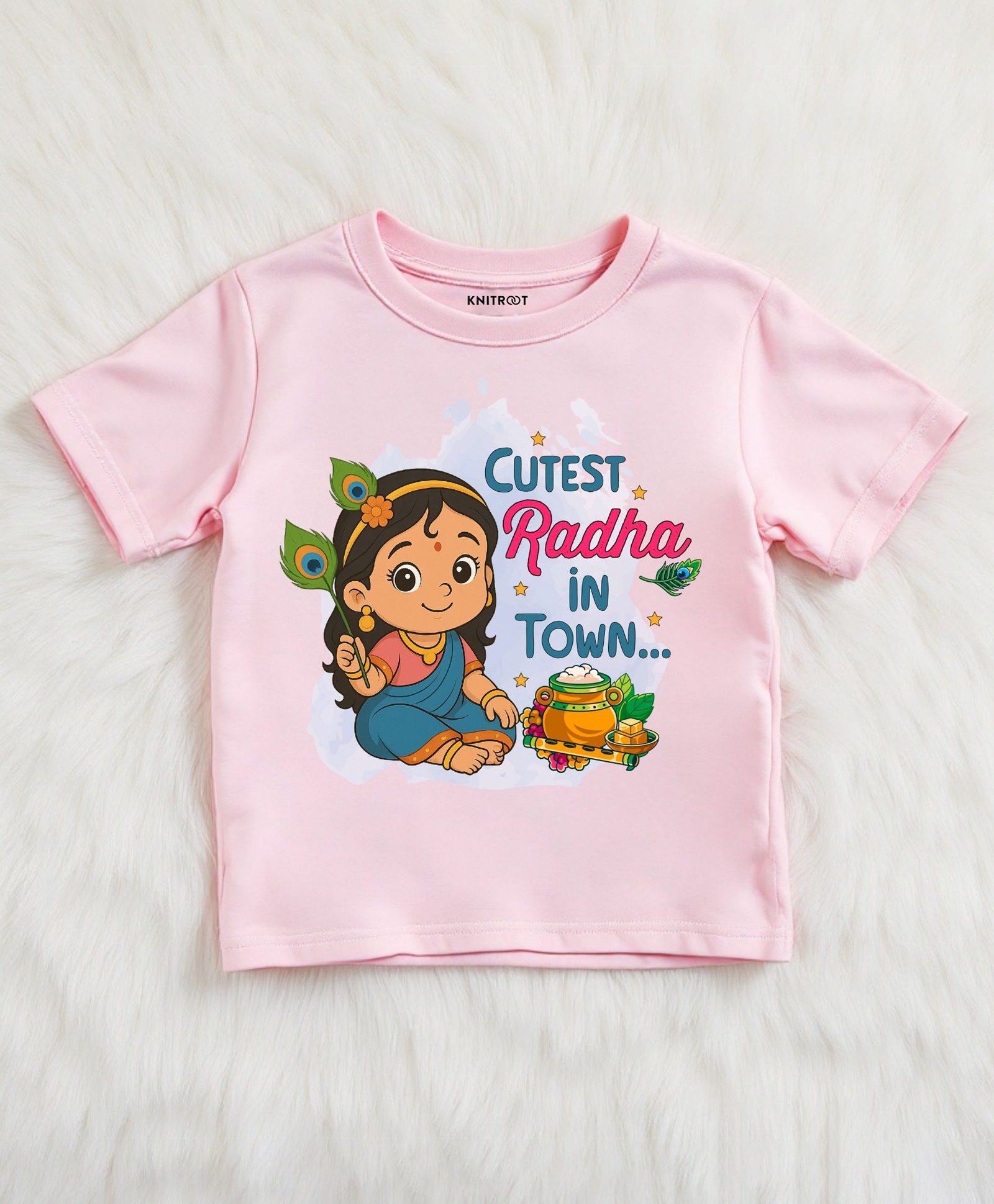 KNITROOT Cotton Lycra Knit Janmasthami Theme Half Sleeves Cutest Radha In Town Text Printed Tee - Pink-image-39