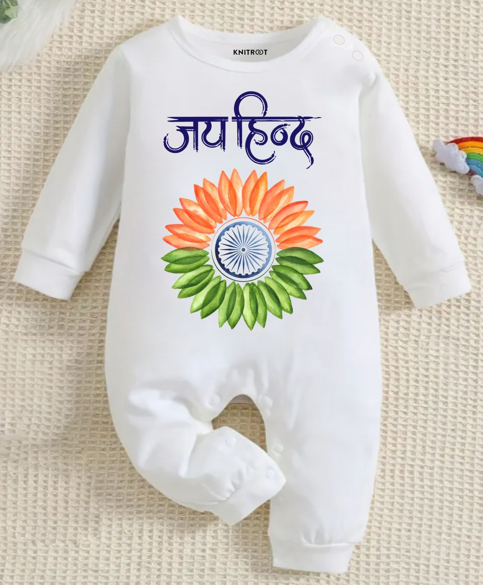 KNITROOT Cotton Knit Independence Day Theme Full Sleeves Jai Hind Text Printed Romper - White-image-28