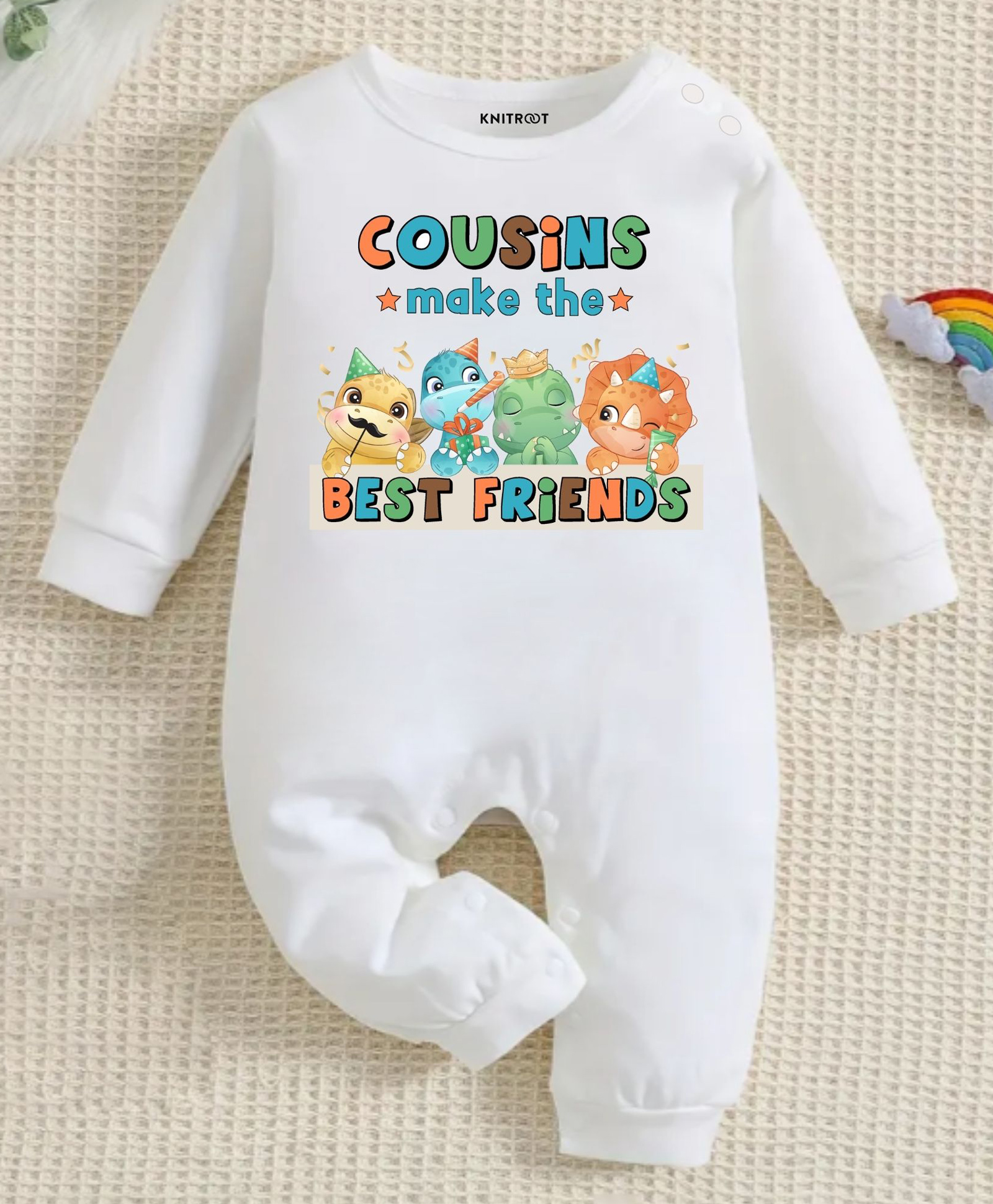 KNITROOT Cotton Knit Raksha Bandhan Theme Full Sleeves Cousins Make The Best Friends Text Printed Romper - White-image-45