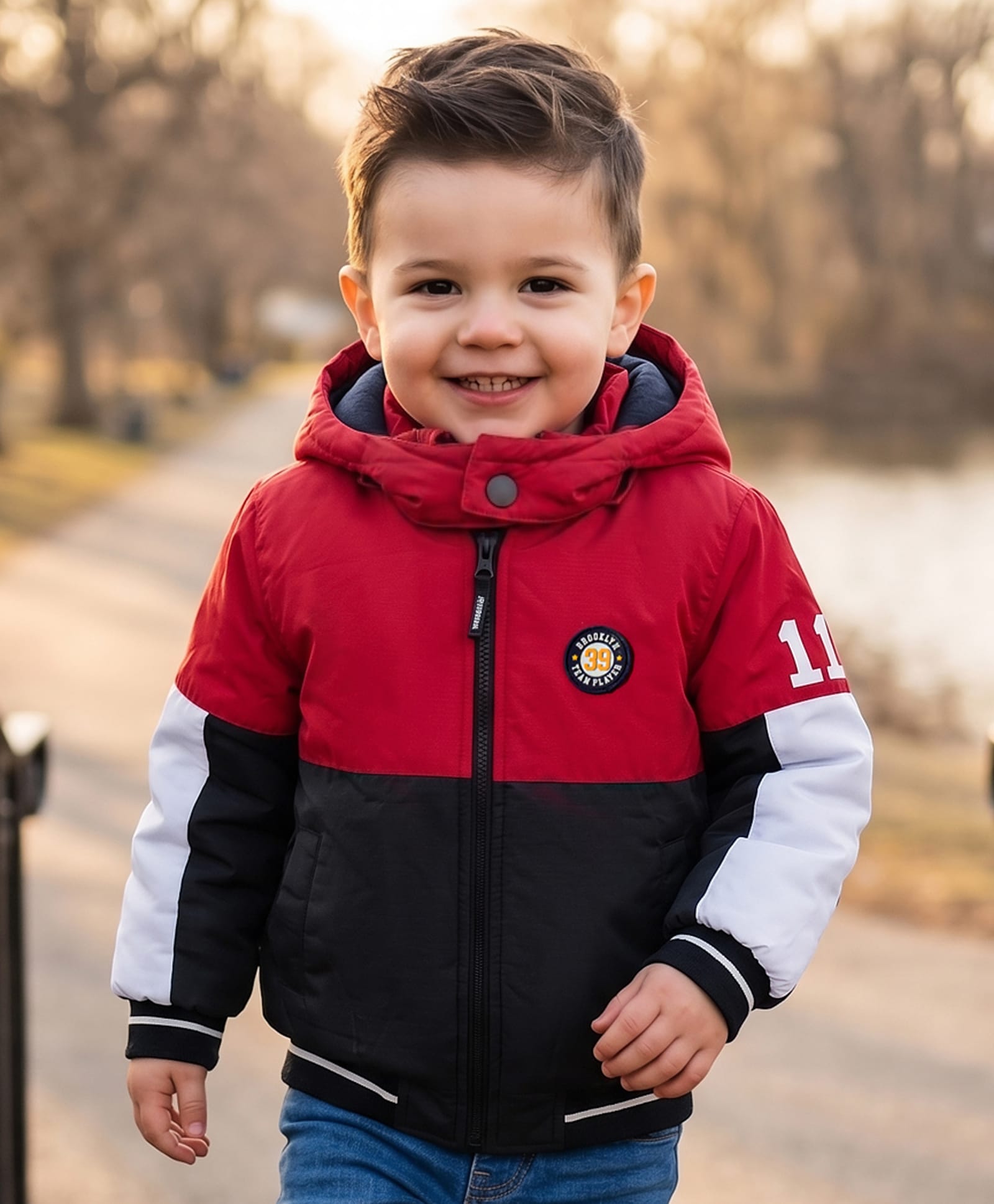Babyhug Woven Full Sleeves Hooded Padded Jacket With Brooklyn Patch & Detachable Hood - Red & Navy Blue-picture-19