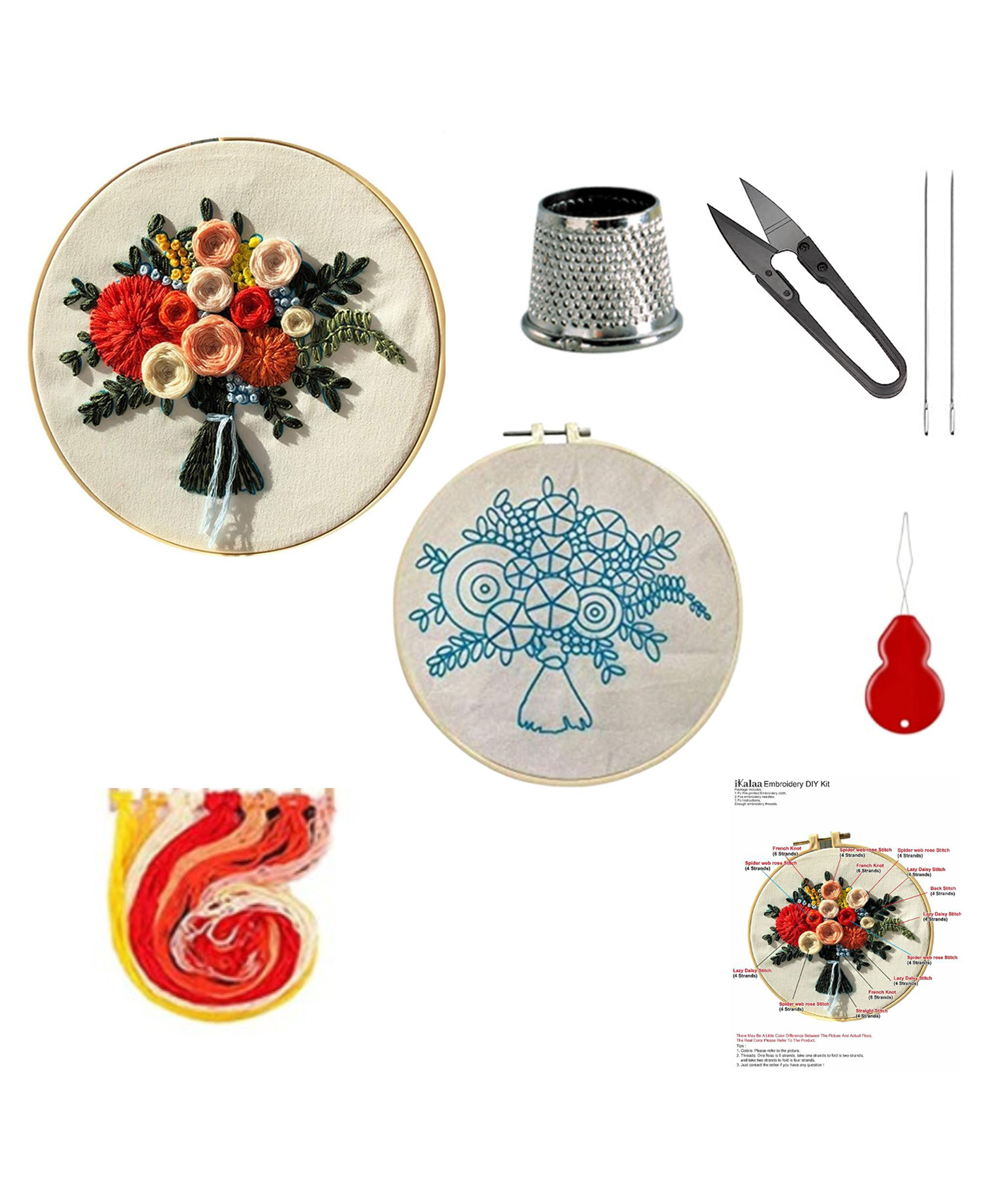 iKalaa Complete Embroidery Kit (Orange) - Beginner's Delight (Design 2) | Full DIY Hand Embroidery Set with Hoop, Threads, Needles & Fabric Floral Designs Ideal for Adults, Teens & Craft Lovers-image-7