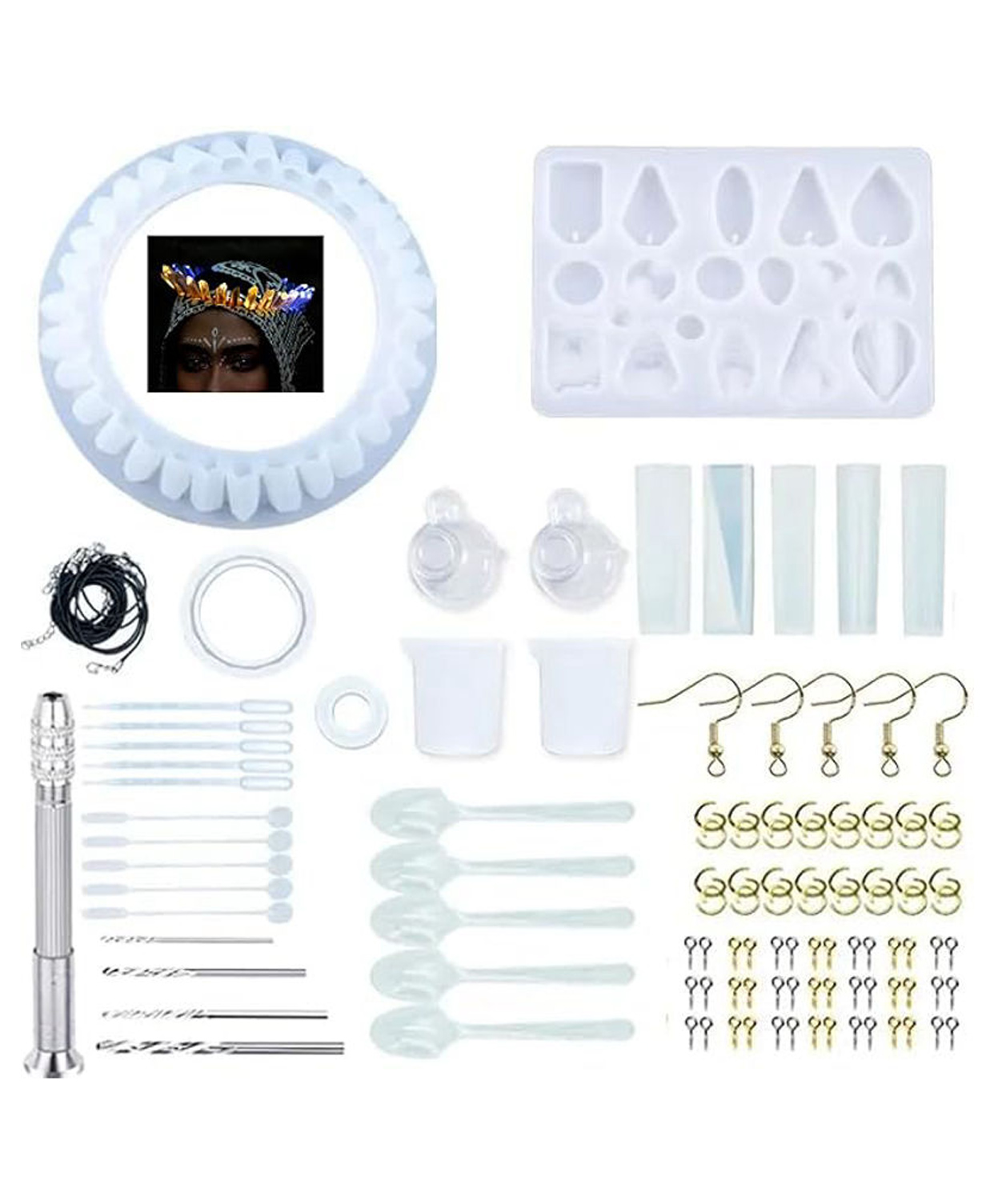 iKalaa Epoxy Resin Kit |Crowns- Complete Set with Molds and Tools | 140+ Pcs | DIY Crystal Dripping epoxy Resin Crown Pendant Mould | Measuring Cup with Bracelet-image-23