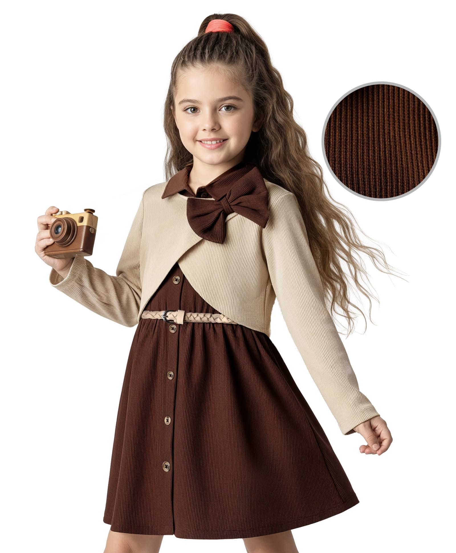 Hola Bonita Knit Full Sleeves Solid Shirt Style Dress with Belt Shrug & Bow Applique - Brown & Beige-image-3