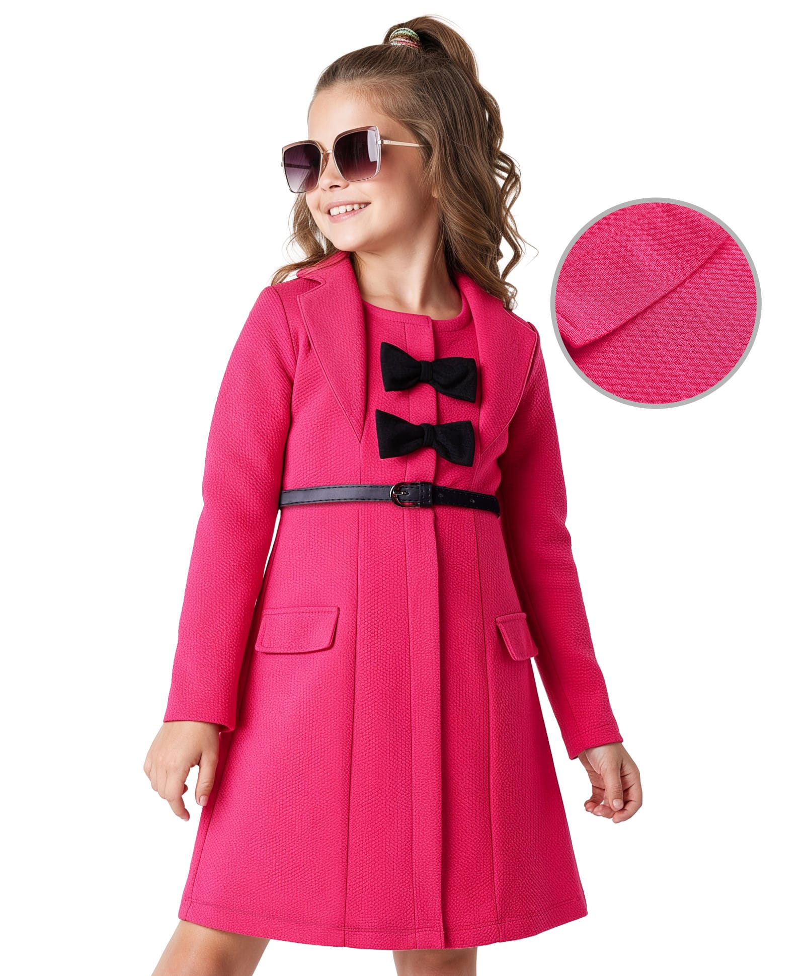 Hola Bonita Knit Full Sleeves Solid Colour Textured Design Shirt Dress With Belt & Bow Applique - Pink-image-43