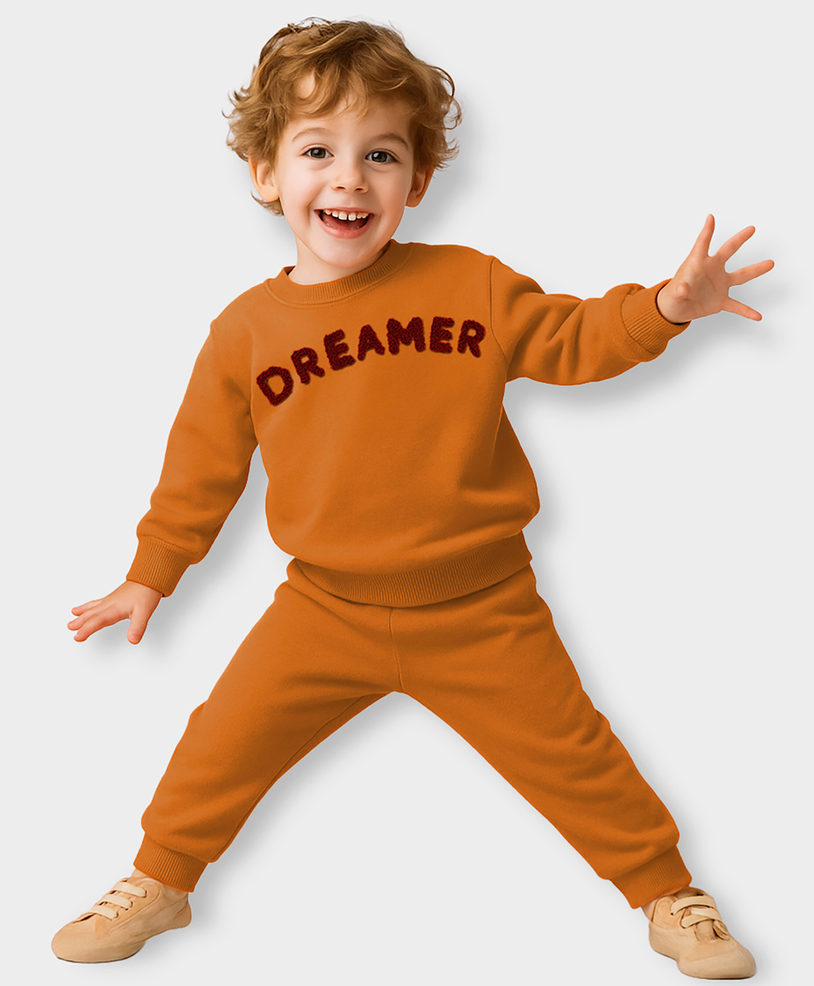 Mi Arcus Knit Full Sleeves Dreamer Text Embroidered Sweatshirt & Joggers Set - Rust-image-9