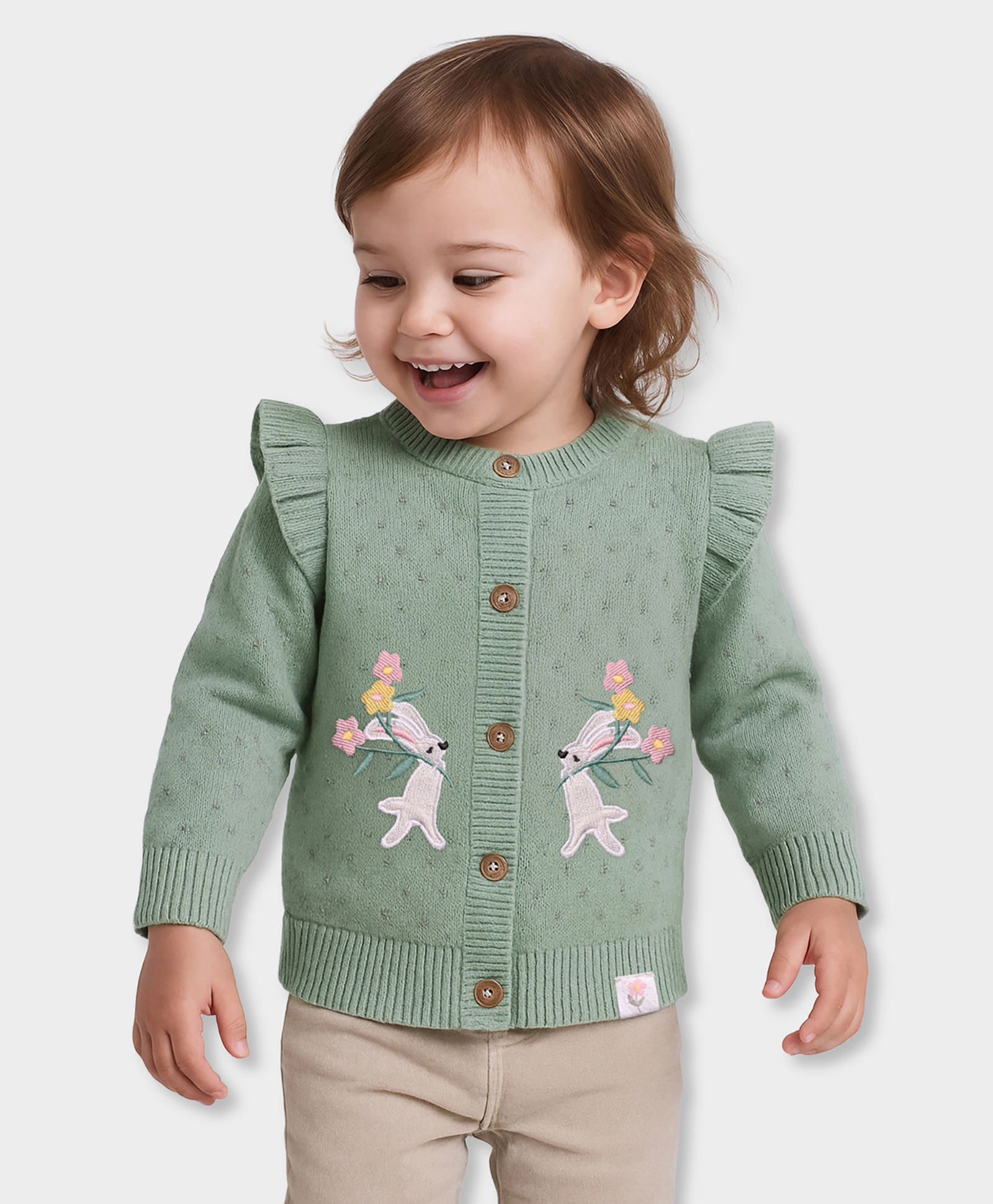 Mi Arcus Knit Full Sleeves Bunny & Floral Embroidered Frill Detailed Cardigan - Light Green-image-12