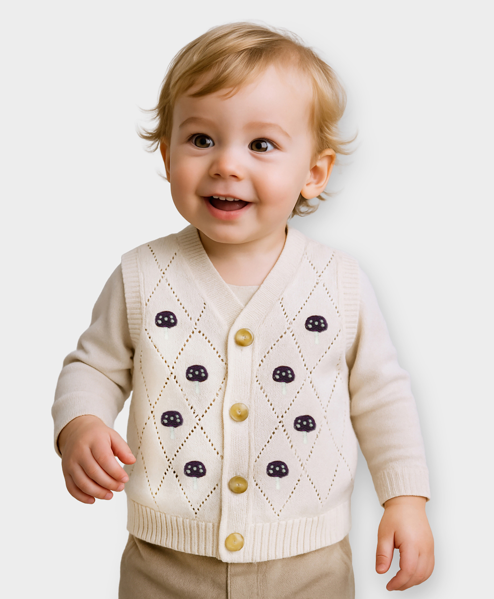 Mi Arcus Cotton Knit Sleeveless Mushroom Designed Sweater - Cream-image-20