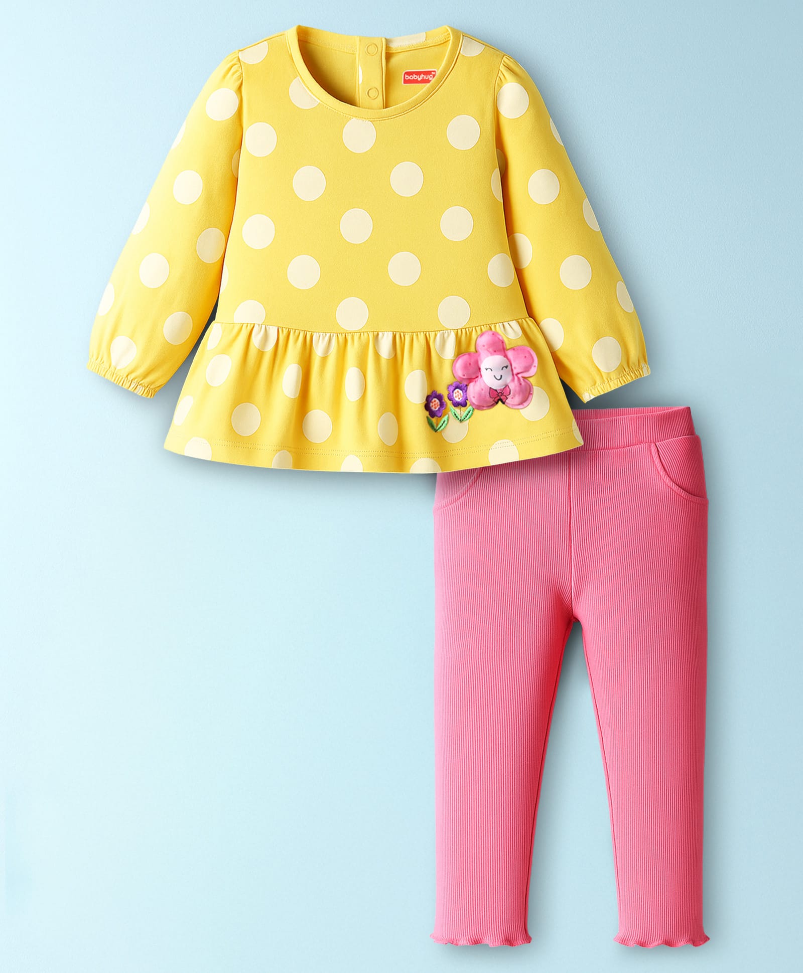 Babyhug Single Jersey Knit Full Sleeves Top and Leggings Set with Polka Dot & Floral Applique & Embroidery - Pink & Yellow-picture-30
