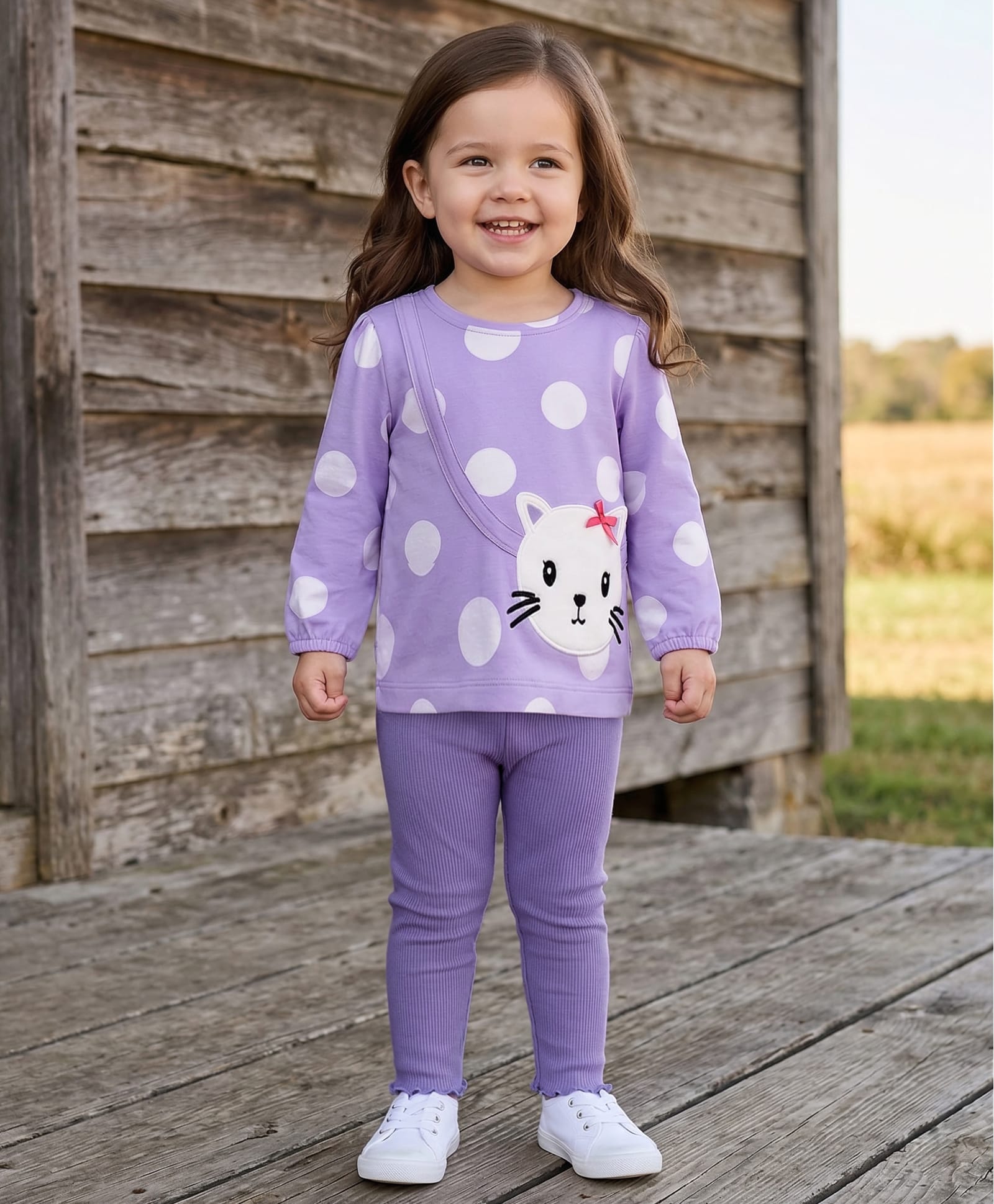 Babyhug Single Jersey Knit Full Sleeves Top and Leggings with Polka Dots & Cat Patch Print - Lavender-picture-29