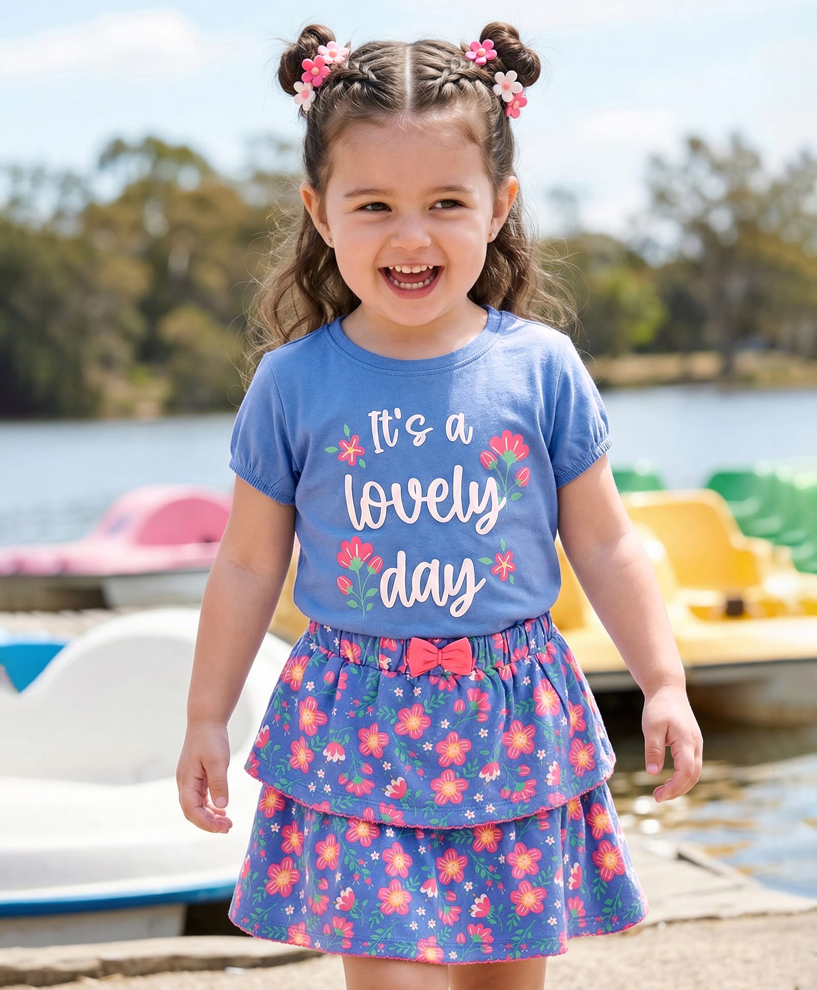 Babyhug Single Jersey Knit Half Sleeves Top and Skirt Set with Floral & Text Print - Blue-picture-13