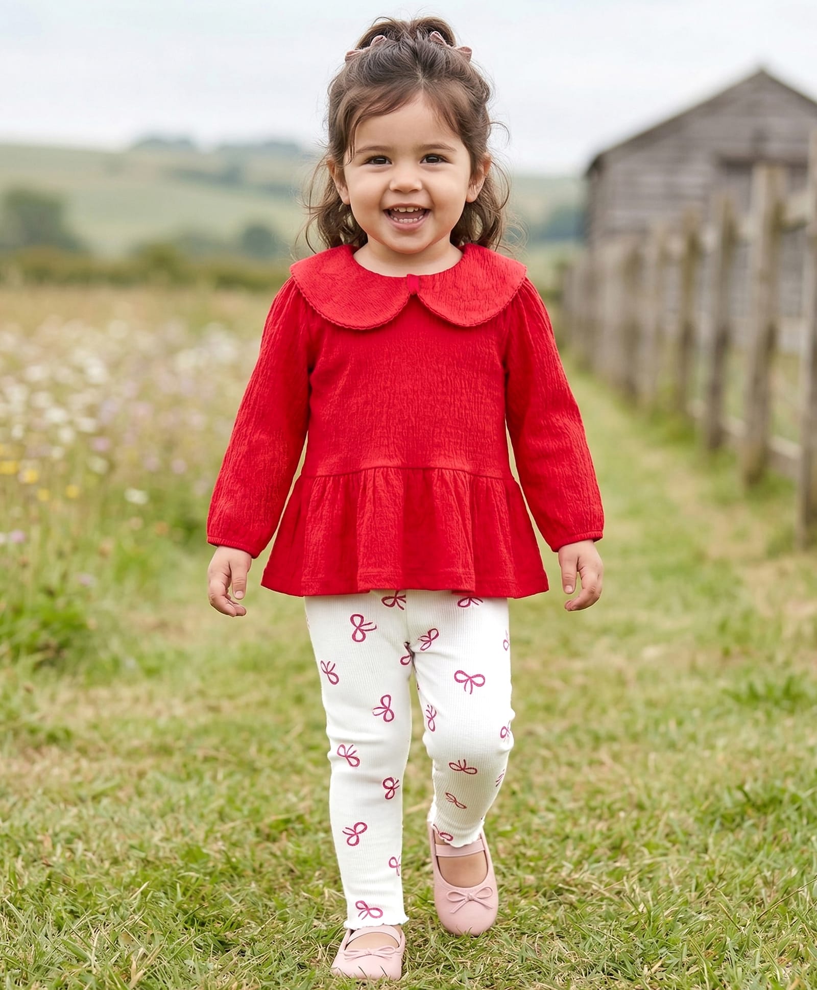 Babyhug Single Jersey Knit Full Sleeves Top and Pant Set With Bow Print - Red & White-picture-37