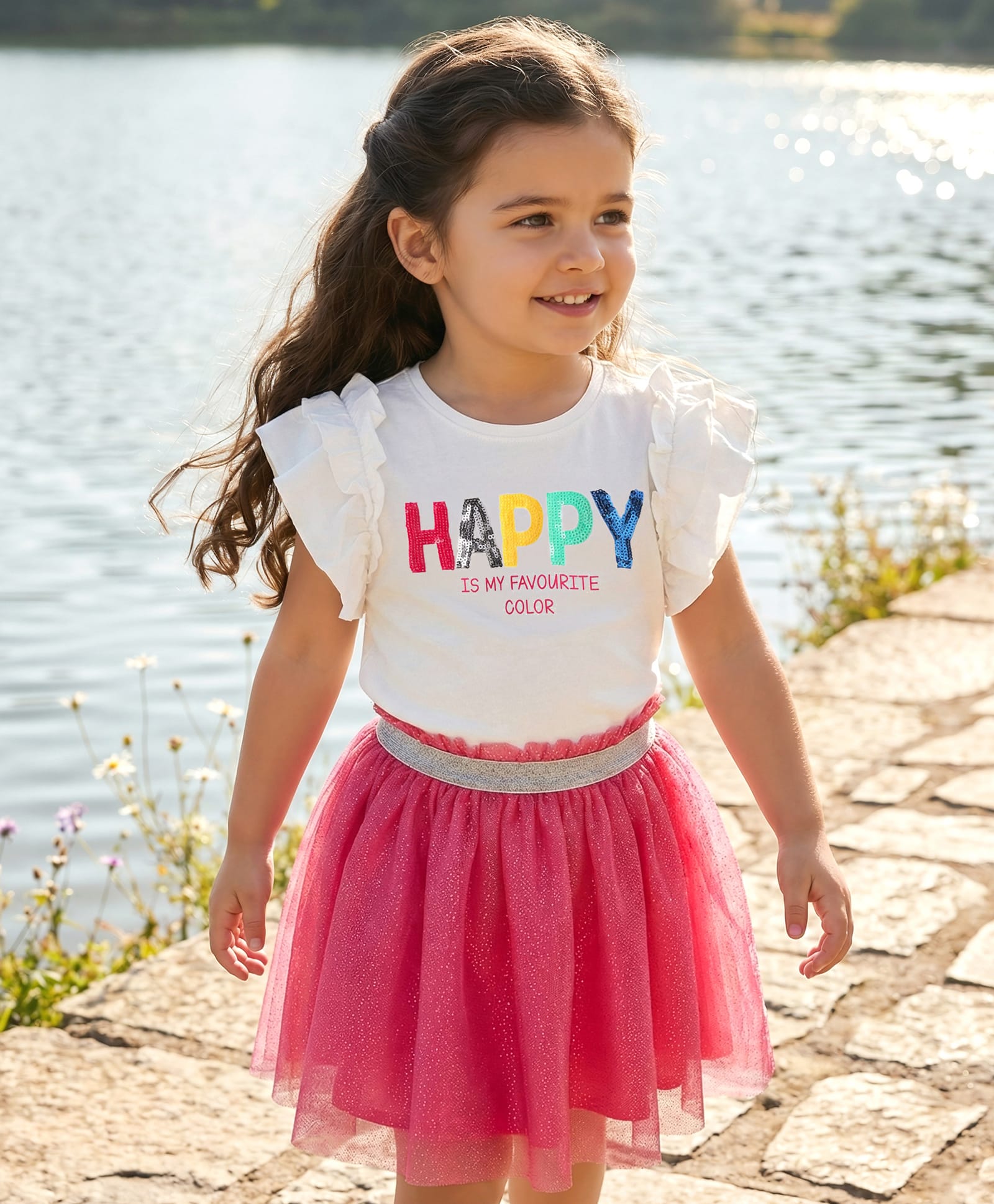 Babyhug Single Jersey Knit Frill Sleeves Top & mesh Skirt Set With Text Print - White & Pink-image-42