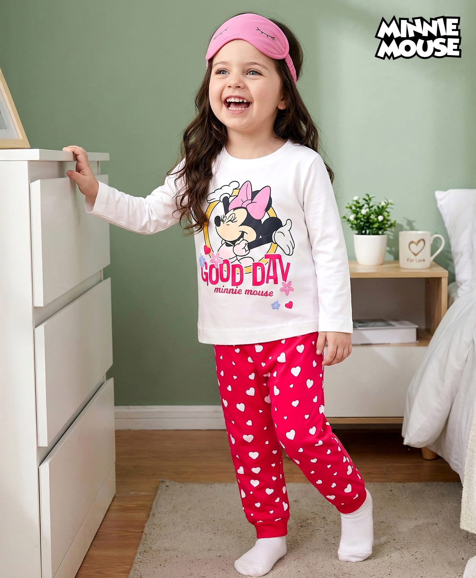 Babyhug Disney Single Jersey Knit Full Sleeves Night Suit With Minnie Mouse Graphics - White & Red-picture-27