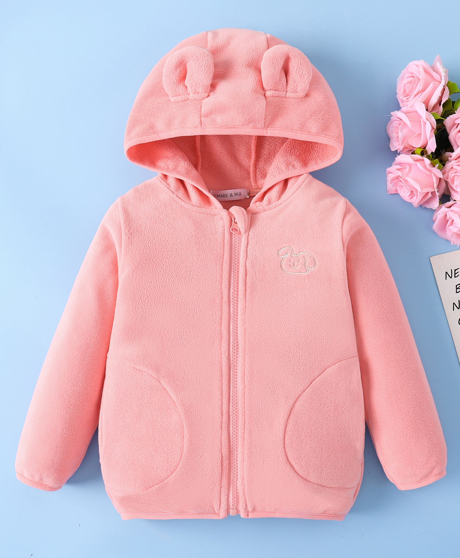 Mark & Mia Full Sleeves Hooded Winter Jacket With Animal Embroidery & Ear Applique - Pink-image-22