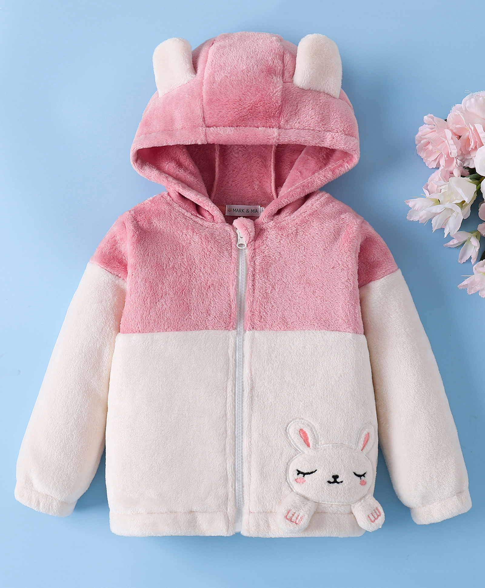 Mark & Mia Full Sleeves Fur Hooded Winter Jacket With Bunny Embroidery & Applique - Pink & White-picture-35