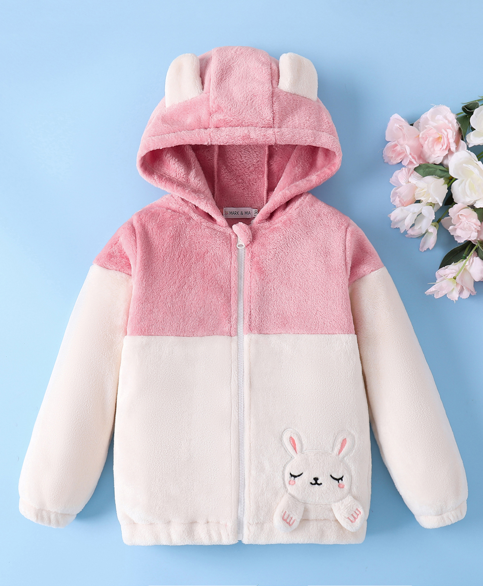 Mark & Mia Full Sleeves Fur Hooded Winter Jacket With Bunny Embroidery & Applique - Pink & White-picture-24