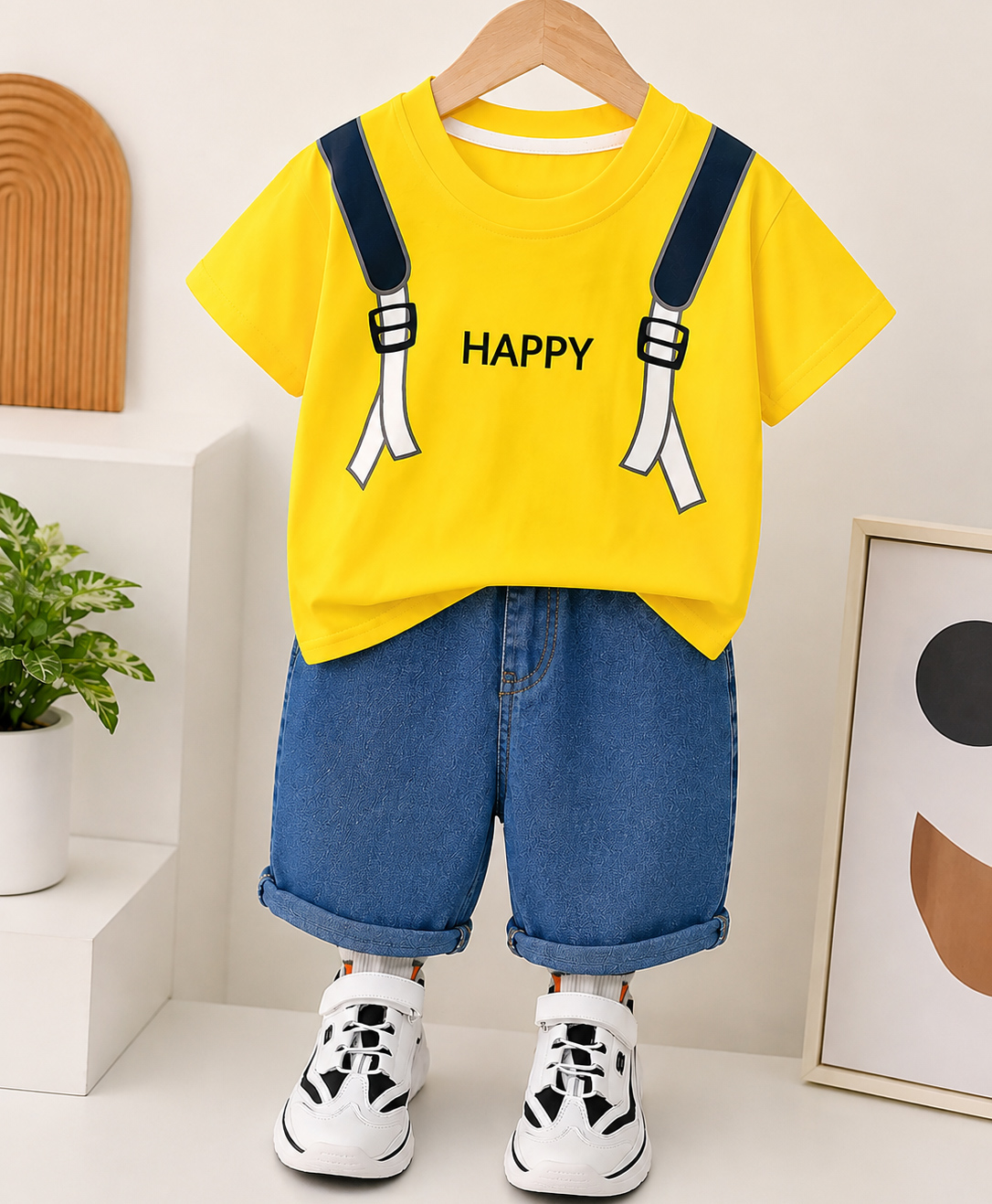 Googo Gaaga Cotton Knit Half Sleeves Happy Text Printed T-Shirt With Shorts Set - Yellow-image-0