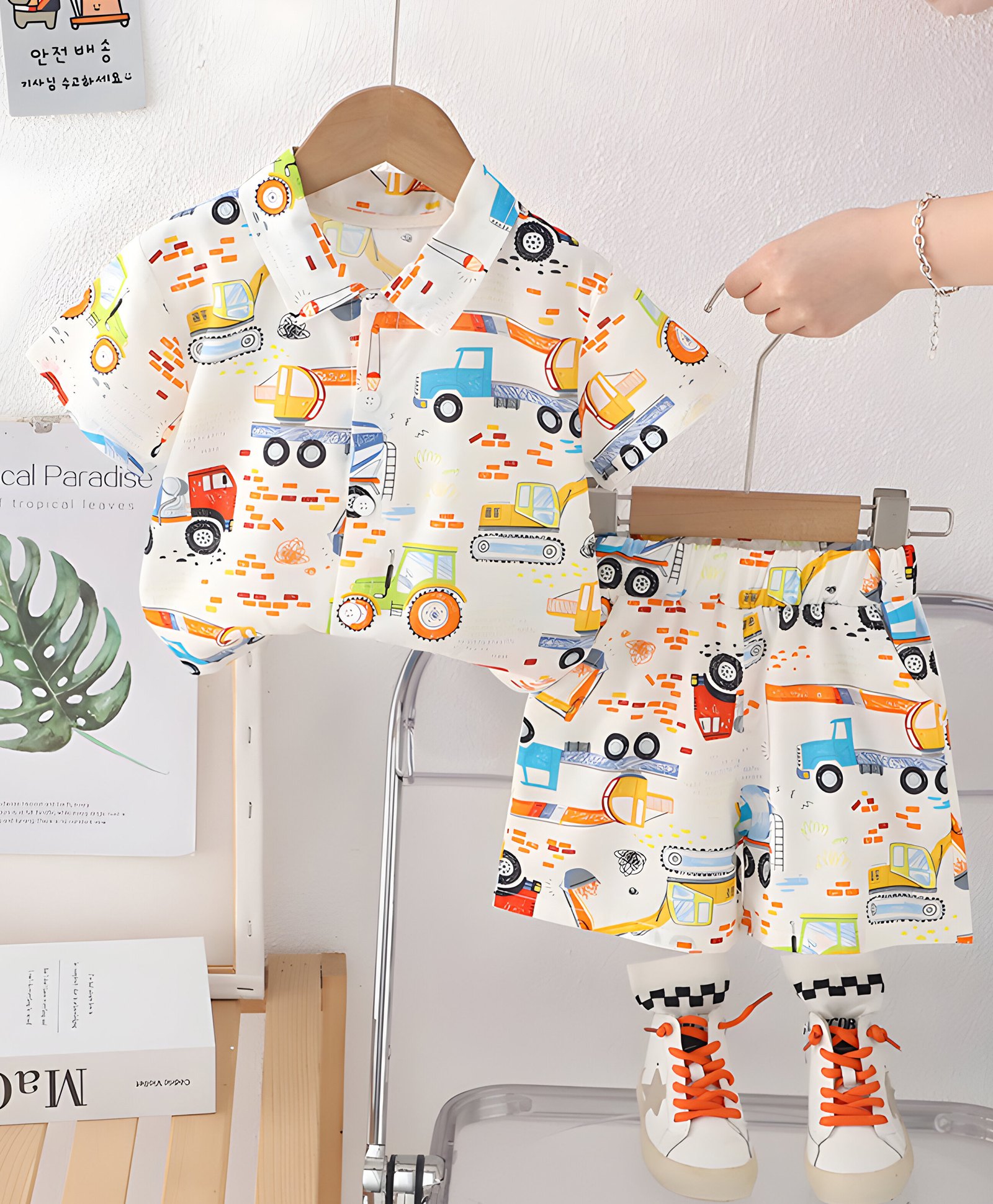 Googo Gaaga Cotton Woven Half Sleeves Constructions Vehicles Printed Shirt & Coordinating Shorts Set - White-picture-29