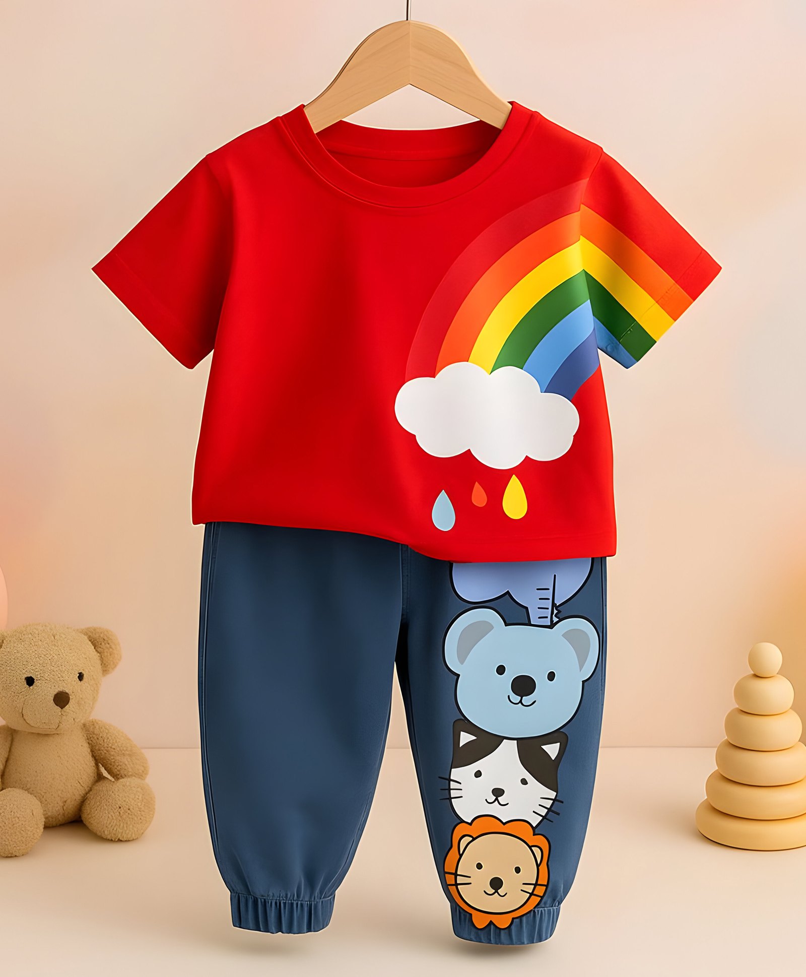 Googo Gaaga Cotton Woven Half Sleeves Rainbow & Baby Animals Printed Tee & Joggers Set - Red-picture-22
