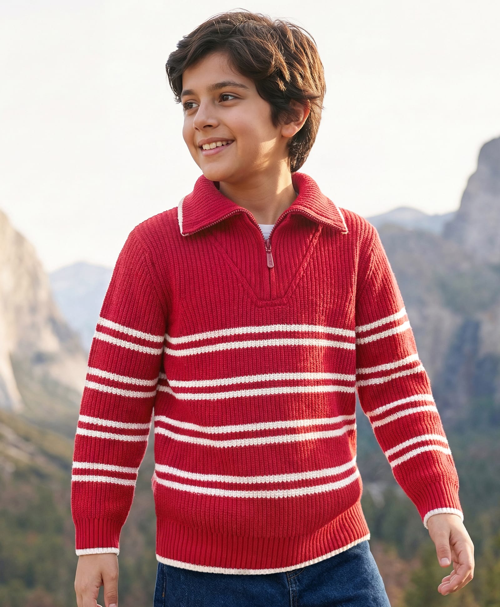 Pine Kids Knit Full Sleeves Pullover Sweater with Stripes - Red-image-40