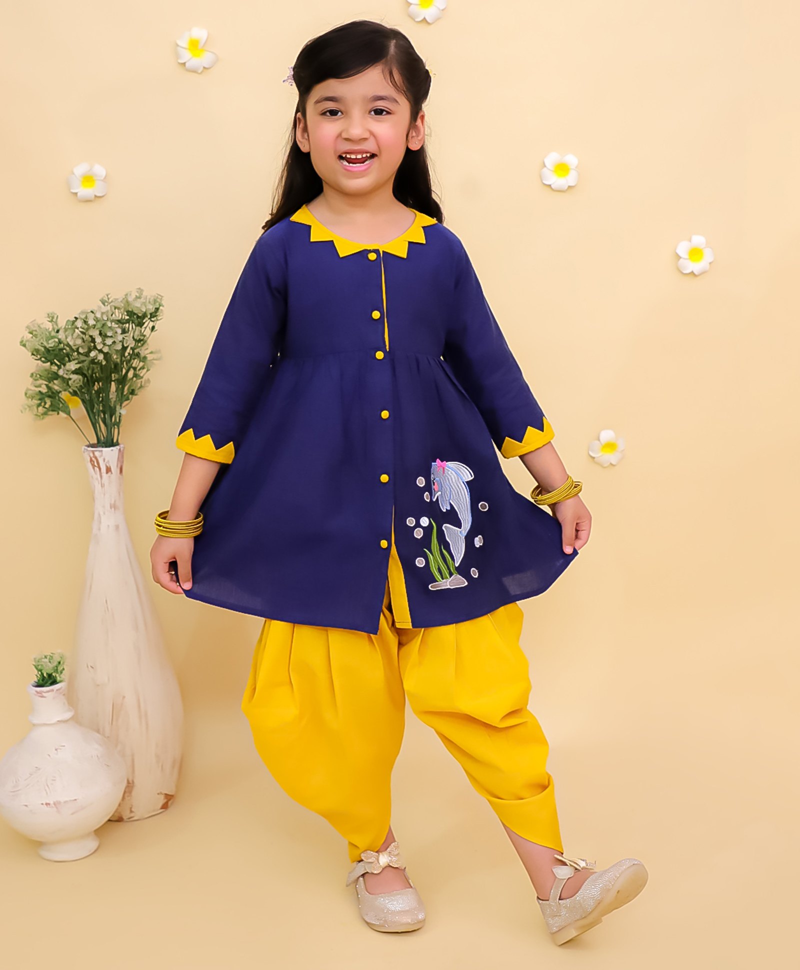 Junitos Cotton Woven Three Fourth Sleeves Dolphin Embroidered Kurti Dhoti Set - Blue-picture-24