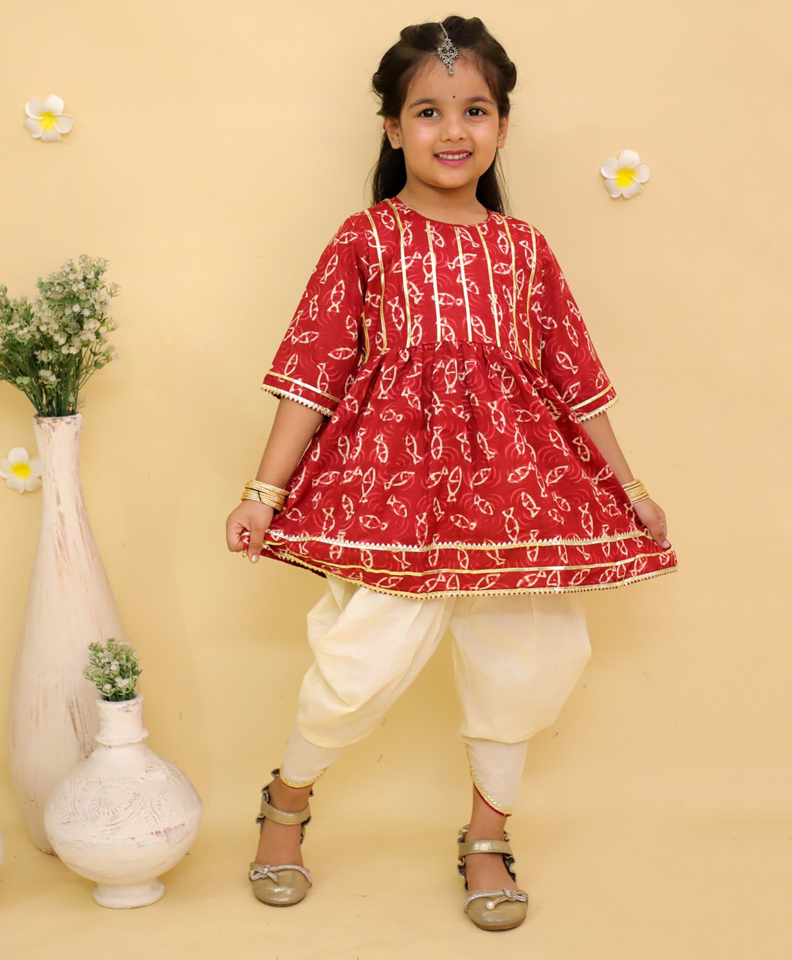 Junitos Cotton Woven Three Fourth Sleeves Fishes Printed Gota Lace Embellished Kurti Dhoti Set - Maroon-picture-10