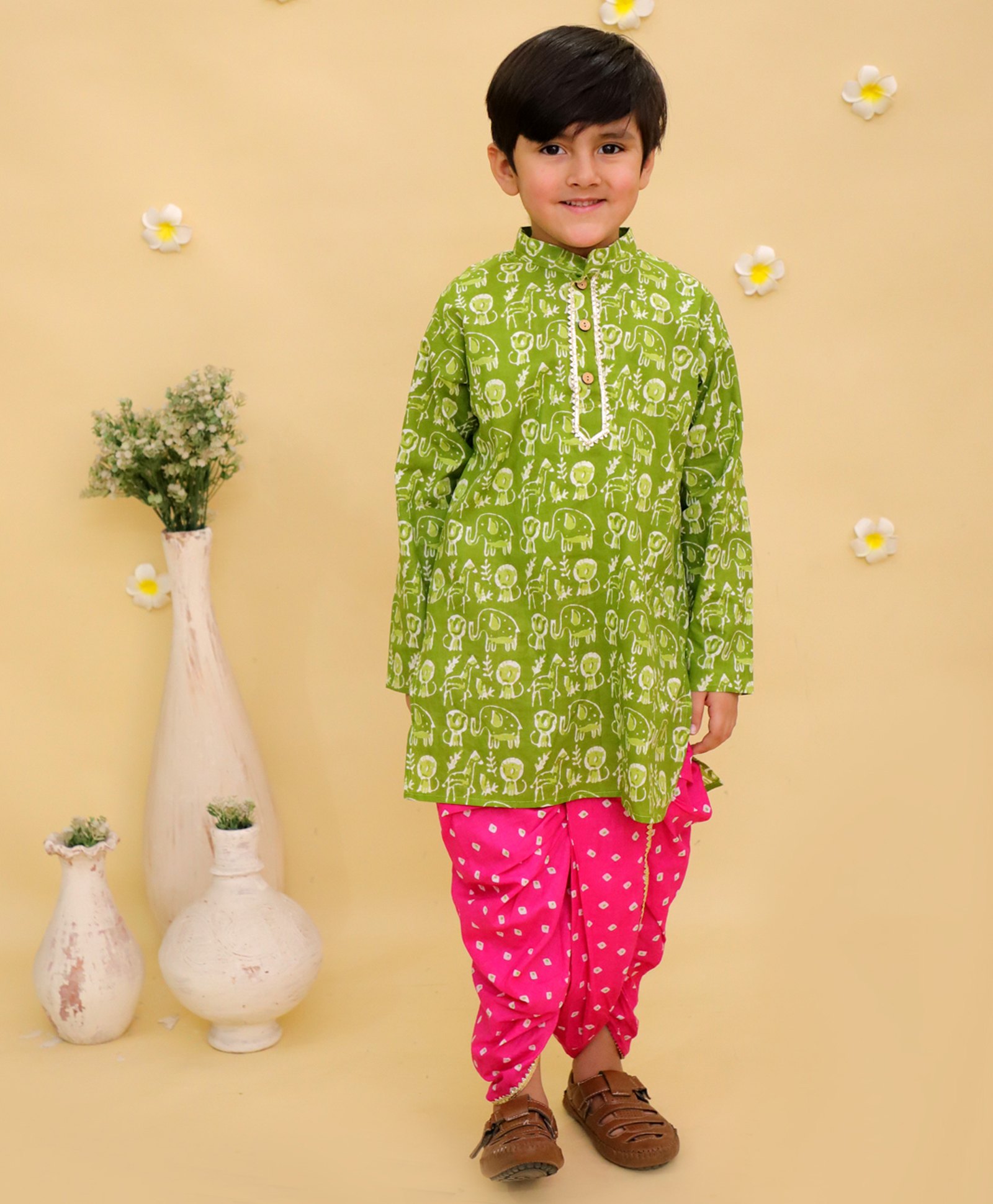 Junitos Cotton Woven Full Sleeves Baby Animals Printed Gota Lace Embellished Kurta Dhoti Set - Green-image-25