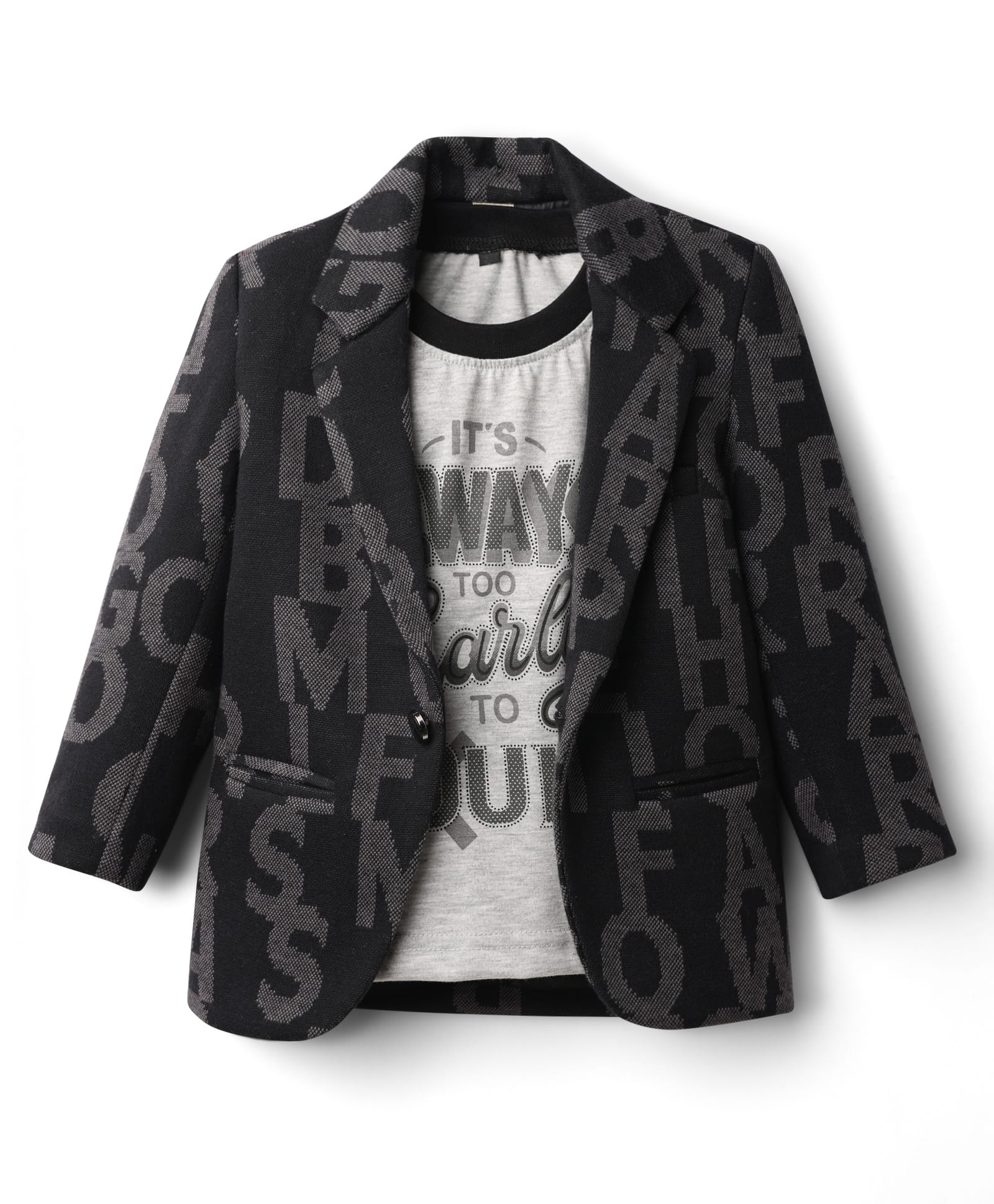 Dapper Dudes Full Sleeves Aphabets Printed Blazer With Tee Set - Grey-image-21