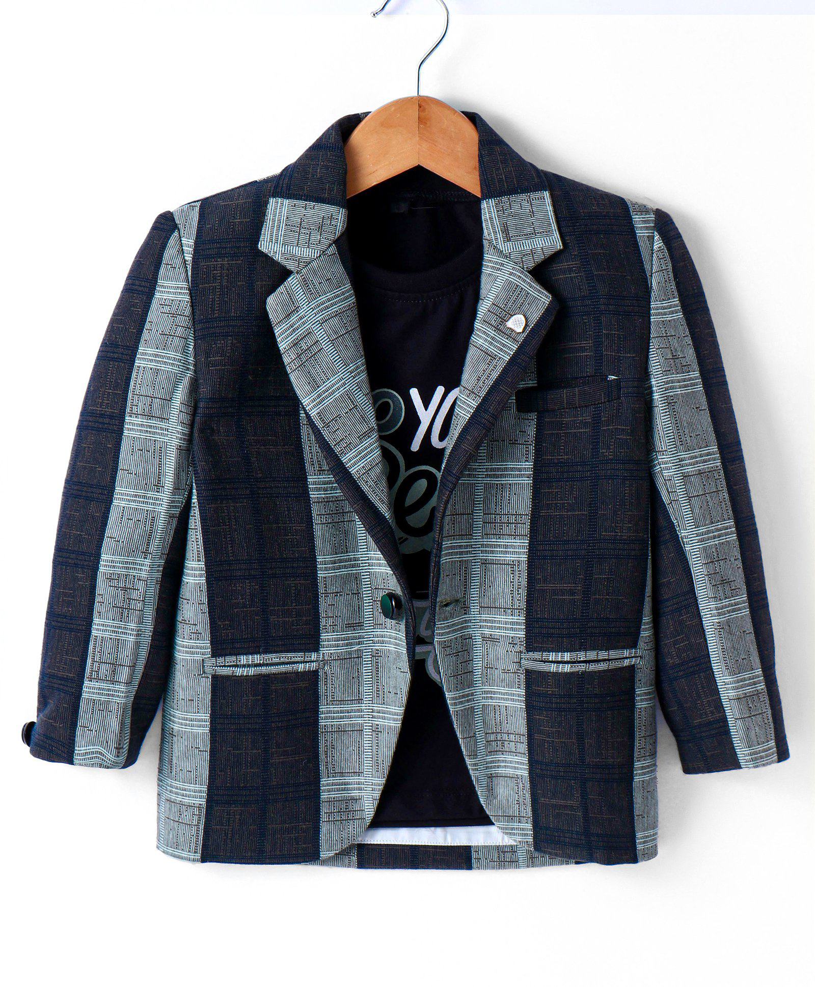 Dapper Dudes Full Sleeves Checked Blazer With Typography Printed Tee Set - Green-image-1