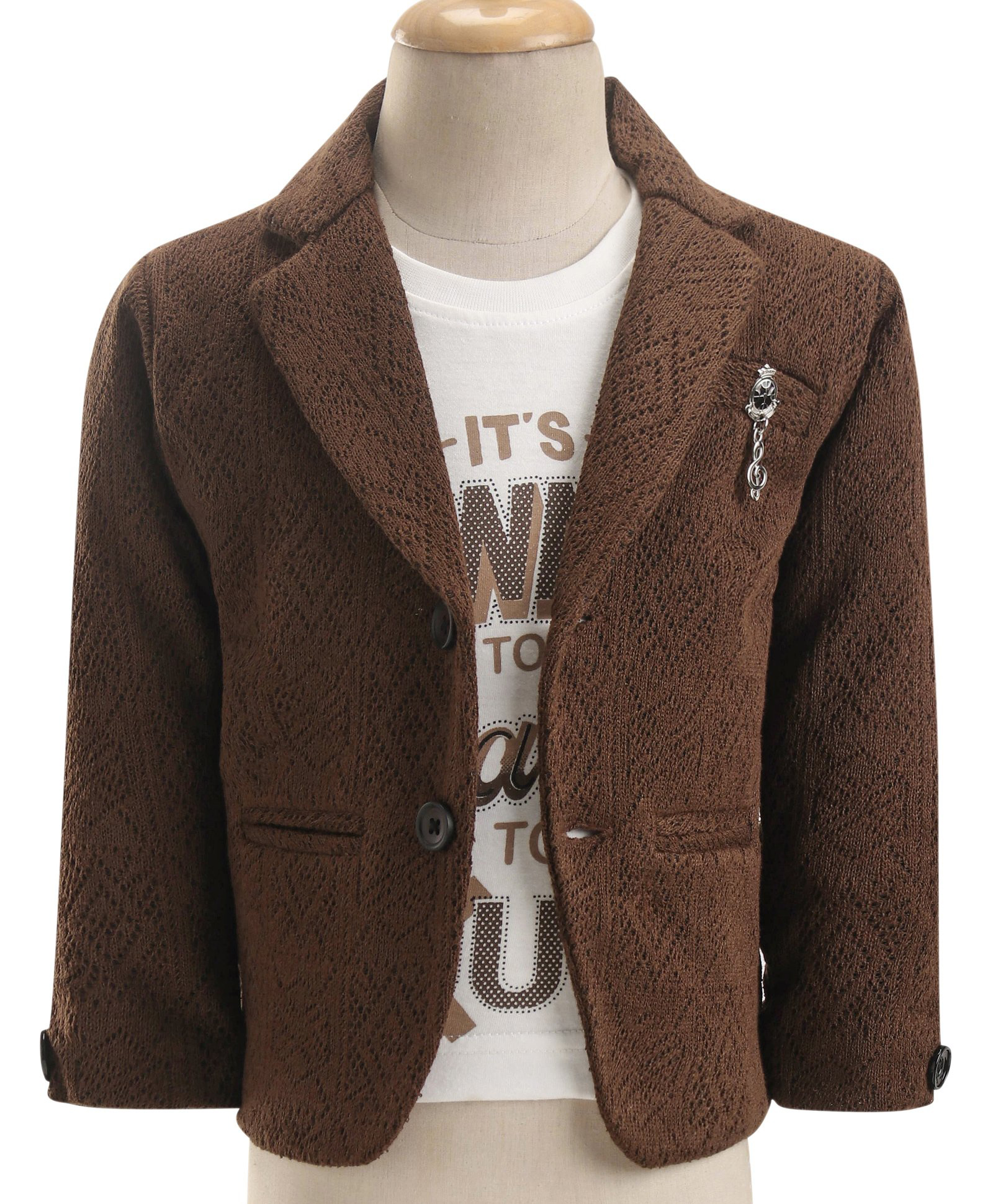 Dapper Dudes Full Sleeves Textured Blazer With Typography Printed Tee Set - Brown-image-27