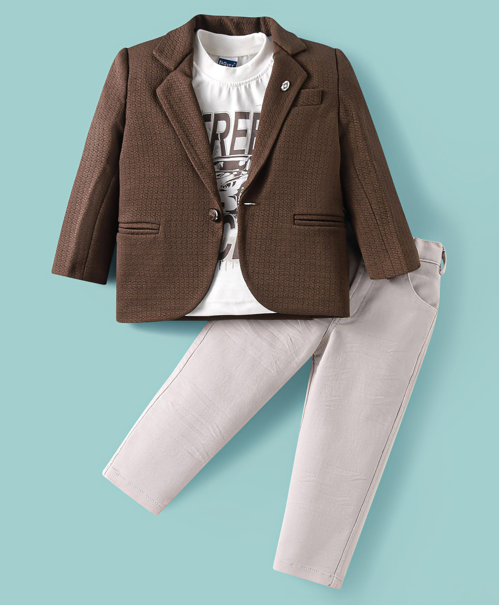 Dapper Dudes Full Sleeves Textured Blazer With Street Racer Text Printed Tee & Pant Set - Brown-image-34