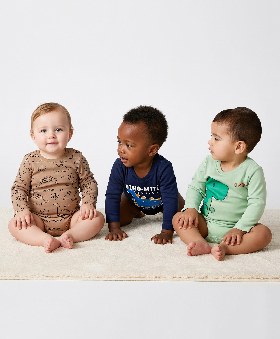 Bonfino 100% Cotton Knit Full Sleeves Dino Printed Onesies Pack Of 3 - Peach Navy Blue & Light Green-image-29