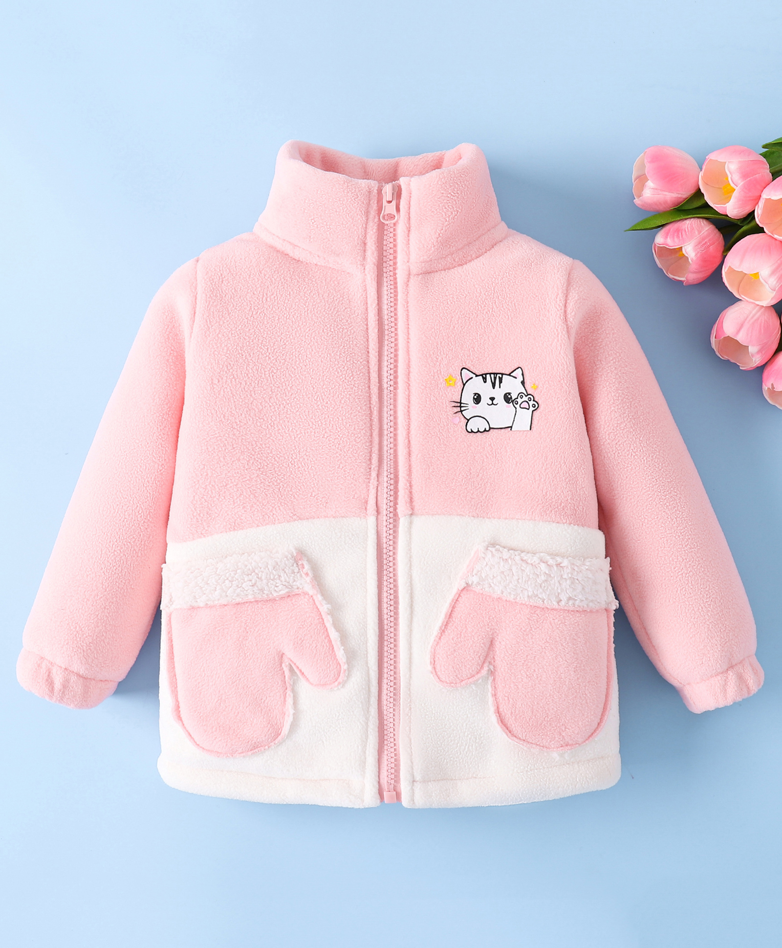 Mark & Mia Full Sleeves Winter Jacket With Kitty Print & Pockets - Pink & White-image-43