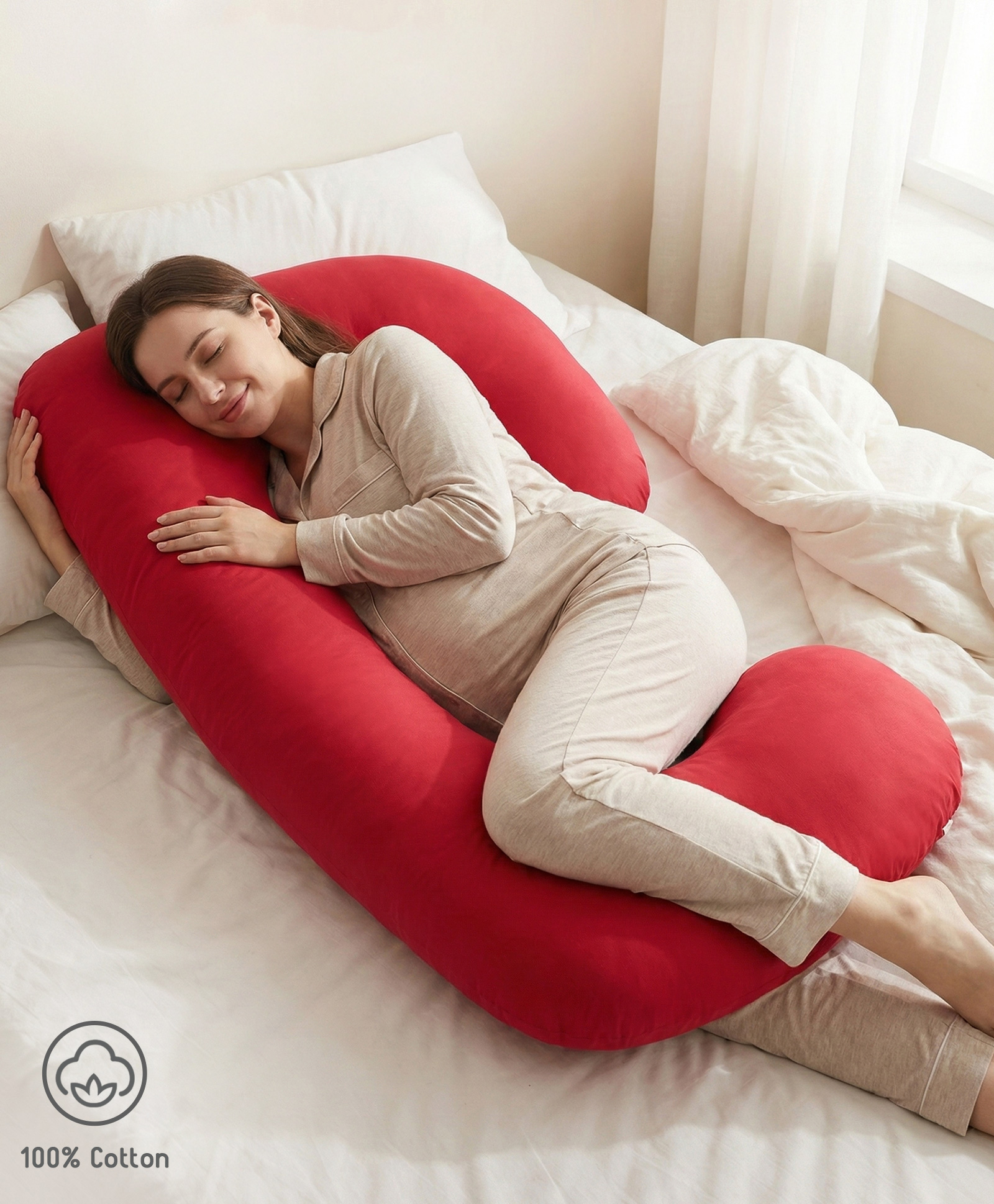Babyhug 100% Cotton Flexible & Supportive C Shape Maternity Pillow - Maroon| Soft & Firm| Breathable Fabric| Sleep Feeding & Back Support | Pre & Post Natal| Promotes Peaceful Sleep| Full Body Support