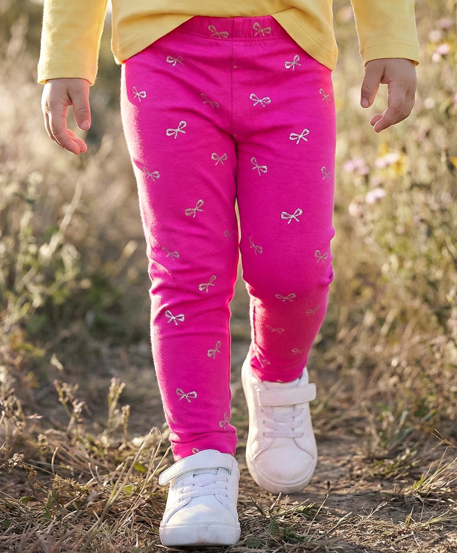 Babyhug Cotton Lycra Knit Full Length Leggings with Stretch & Bow Print - Pink