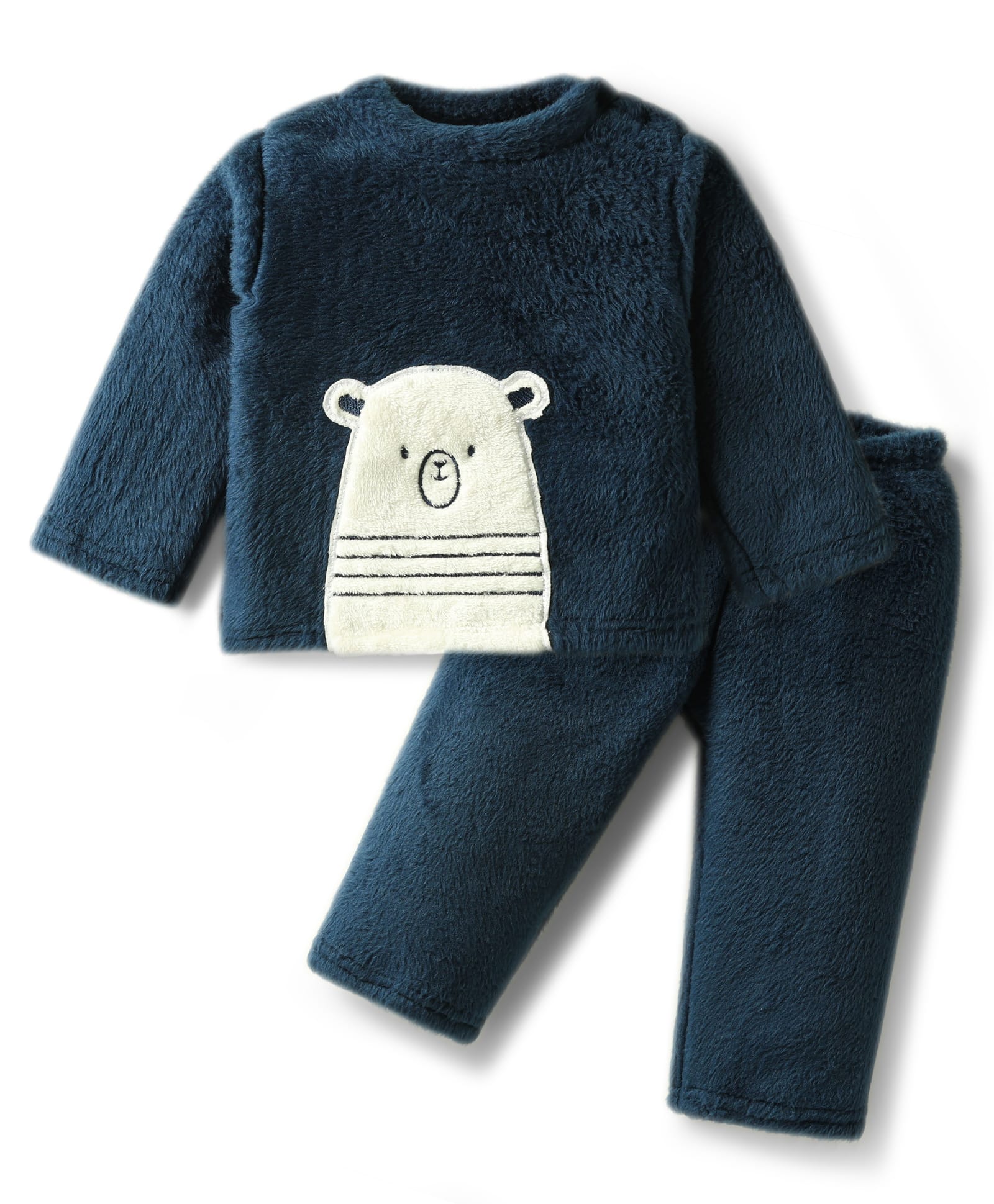 Babyhug Velour Knit Full Sleeves Winterwear Nightsuit with Bear Patch - Navy Blue-image-43
