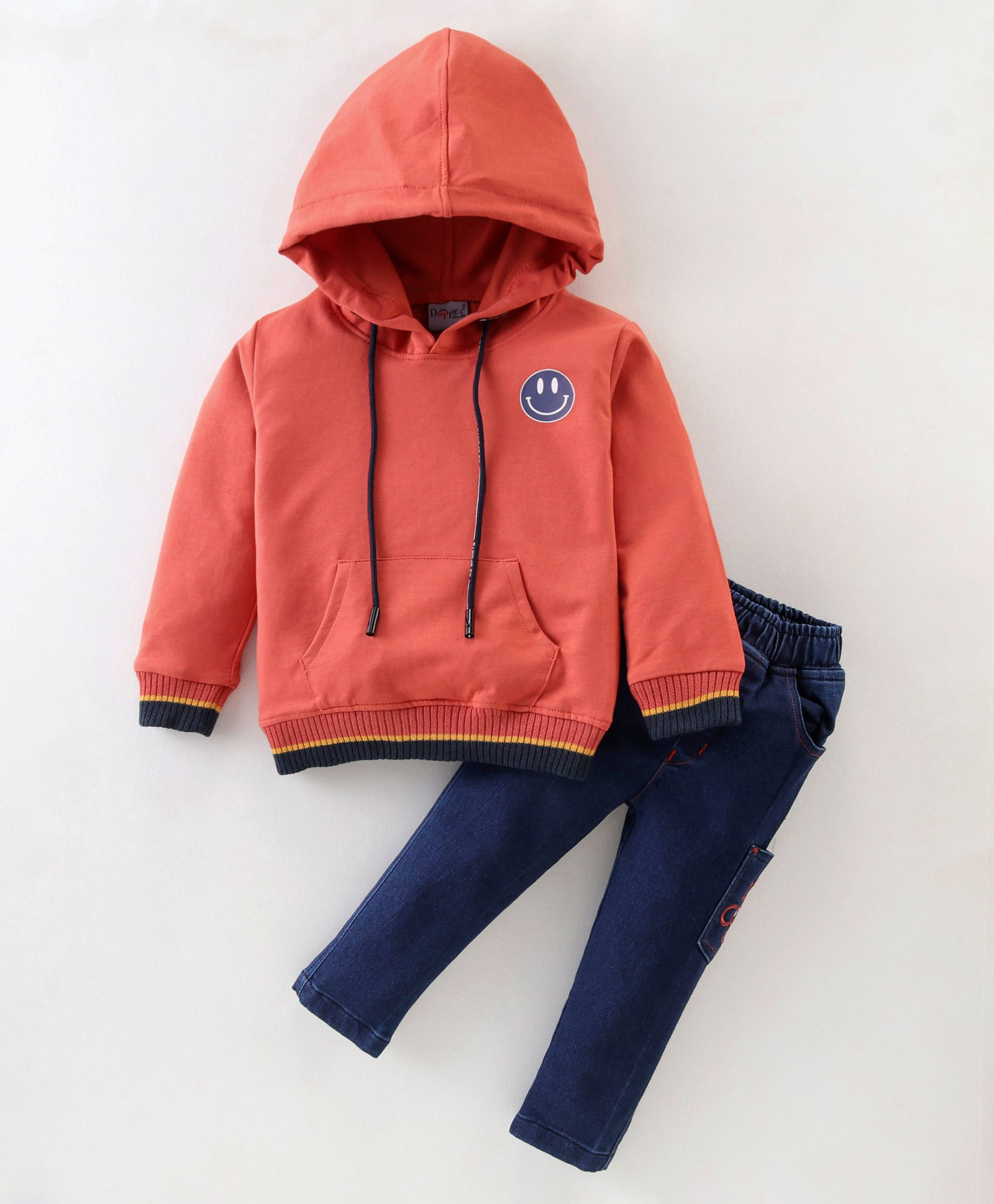 Dapper Dudes Full Sleeves Smiley Face Printed Hooded Sweatshirt & Trousers Set - Orange-image-36