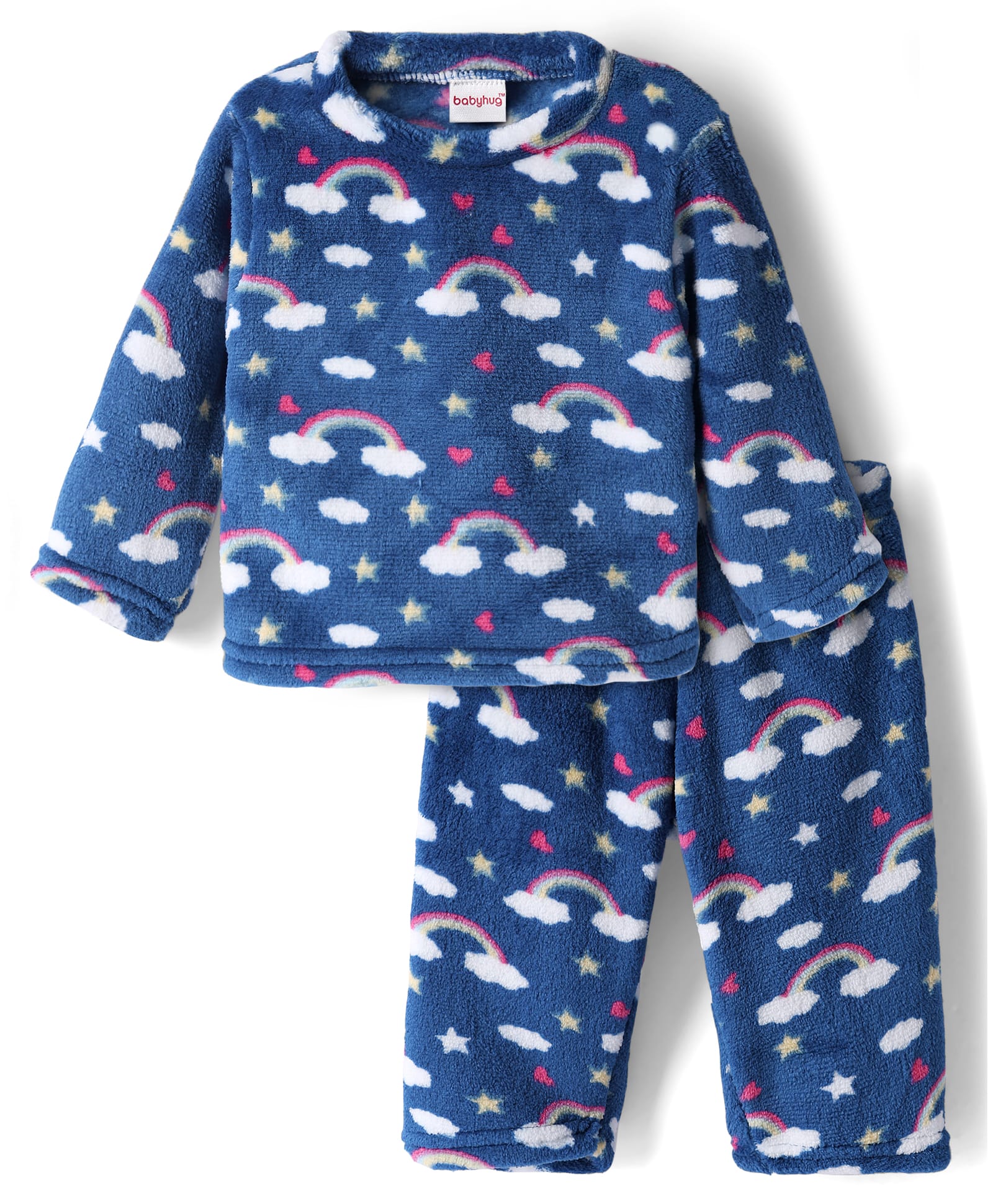 Babyhug Velour Knit Full Sleeves Co-ord Winterwear Night Suit with Rainbow Print - Blue-image-15